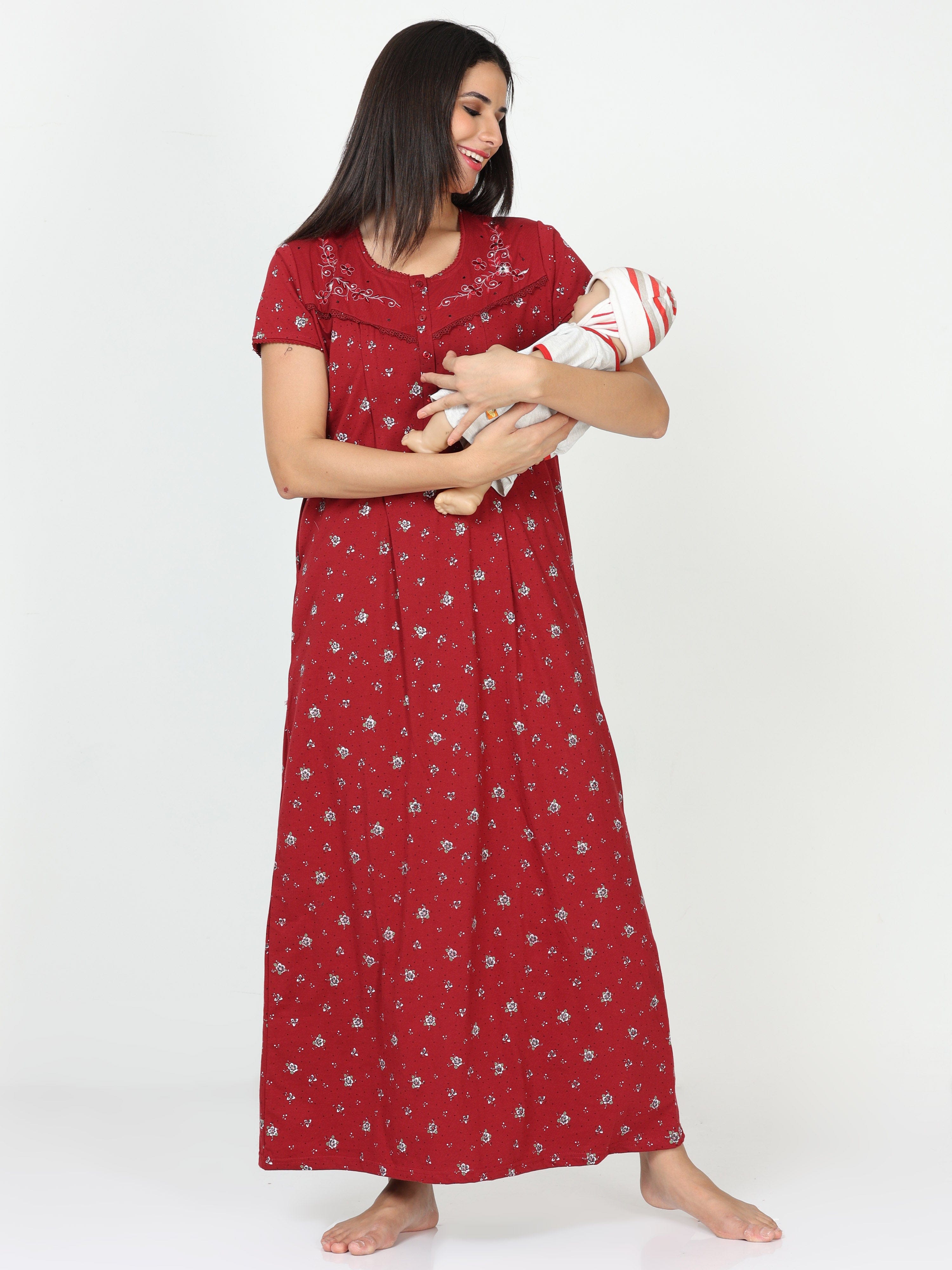 Nighties Red Cotton Blend Maternity Feeding Nighty 9shines label
