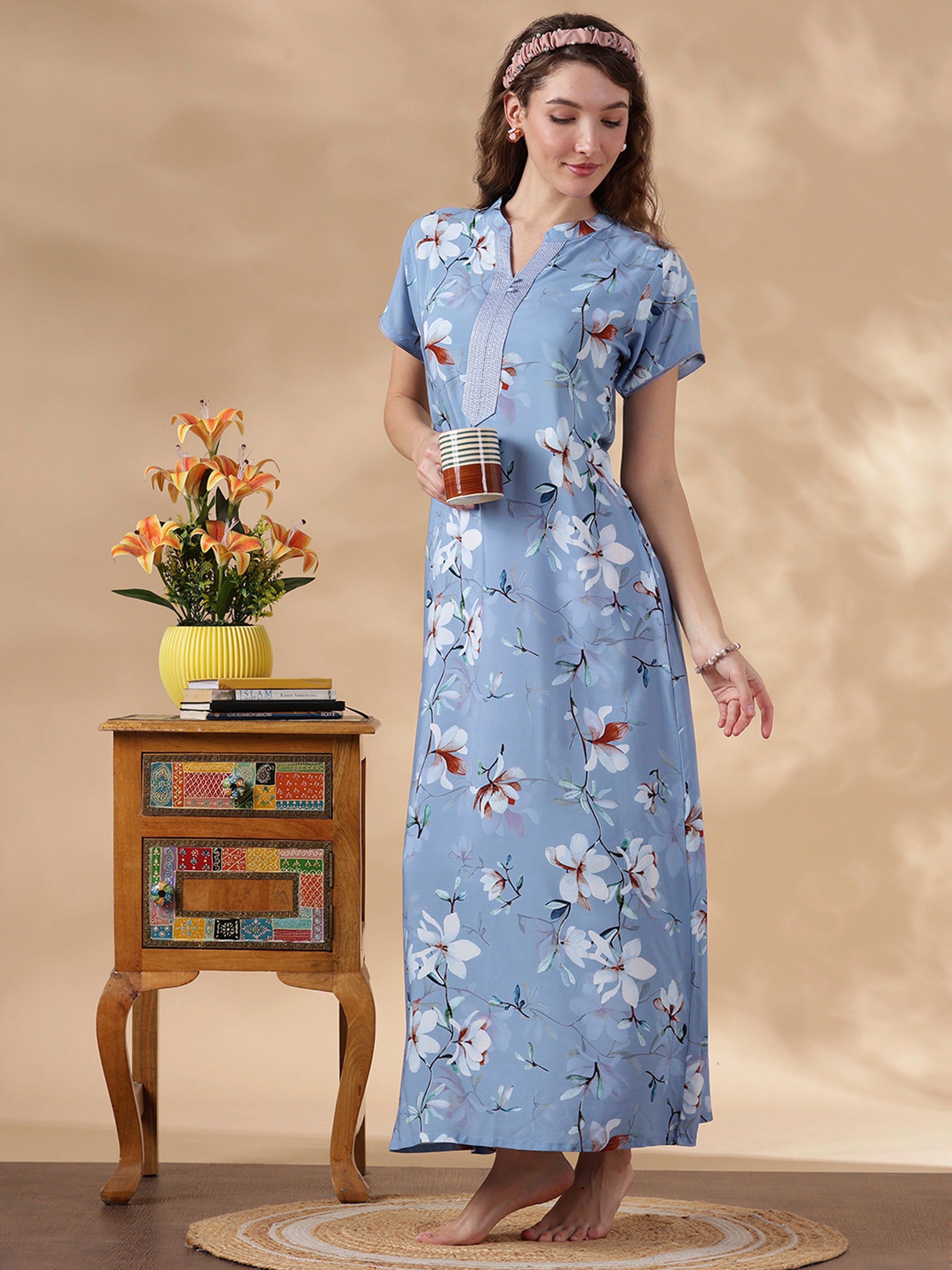 Shop Sky Blue Rayon Designer Nighty Dress for Women Online Rayon / XXL/52 Shop Sky Blue Rayon Designer Nighty Dress for Women Online Rayon / XXL/52