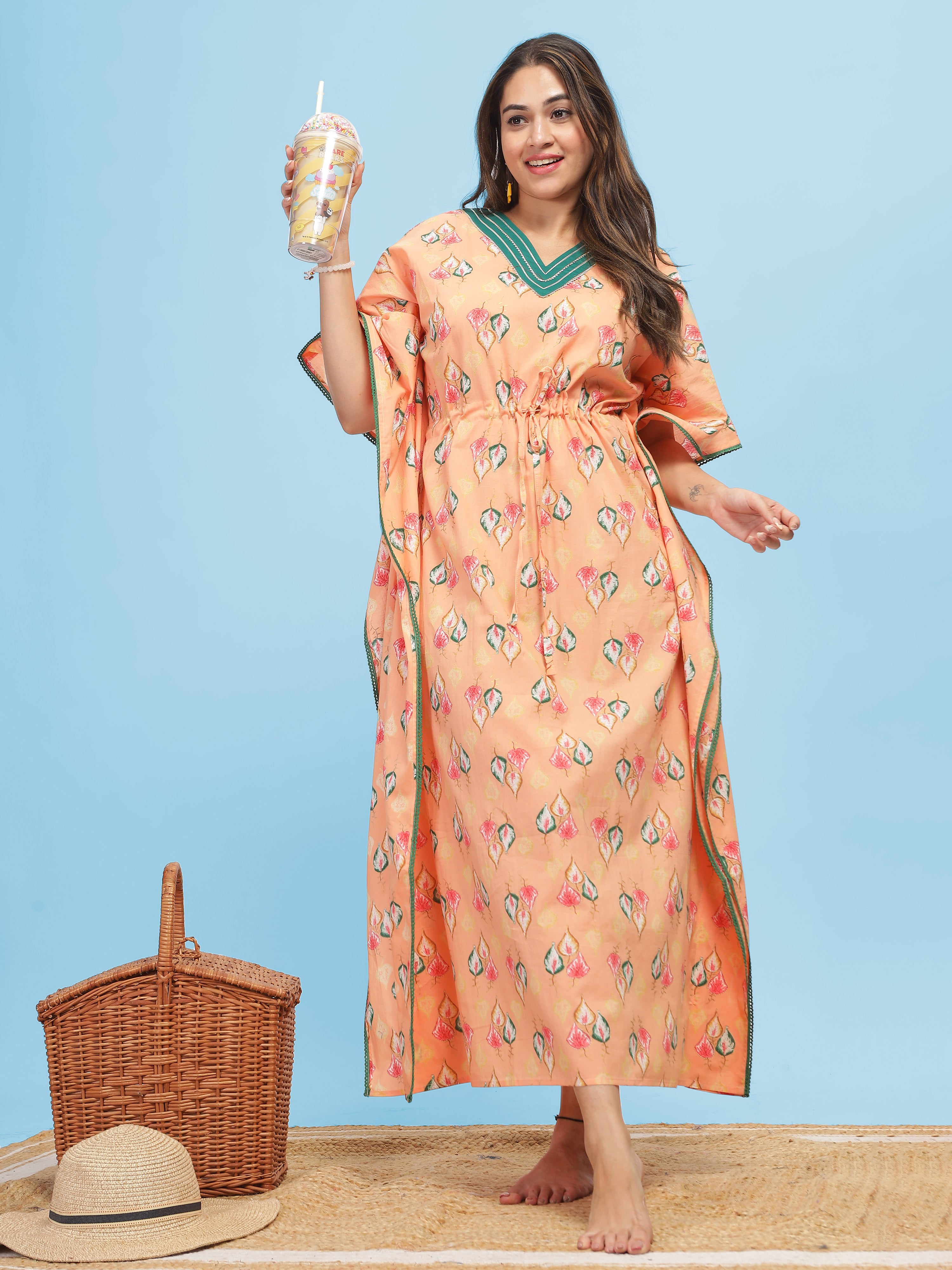 Buy Premium Cotton Orange V Neck Kaftan Nightdress Online