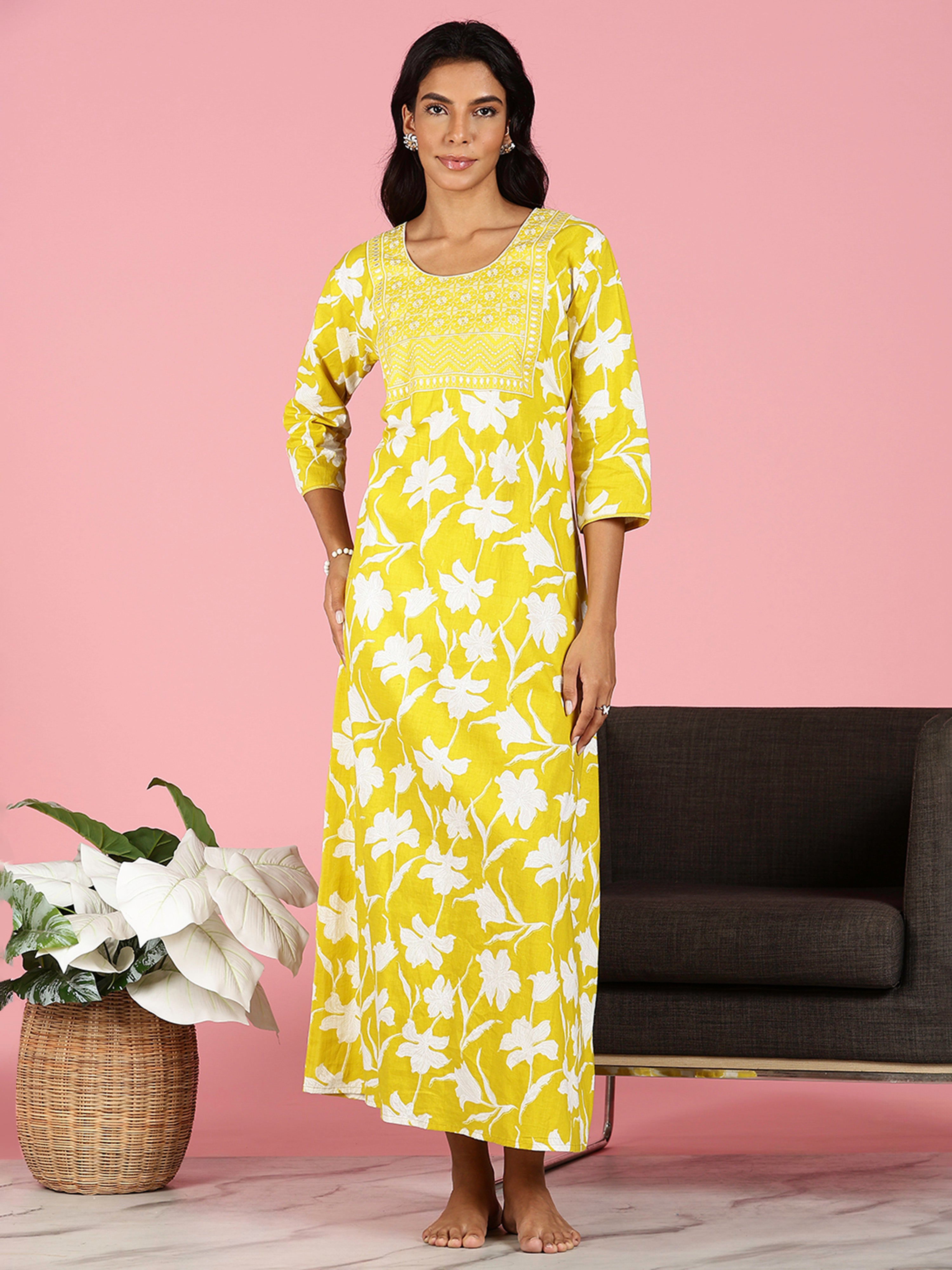 houseonthehill yellowflower ロンティ 80サイズ Buy Branded Sunshine Yellow Jaipuri Cotton Nighty for Women