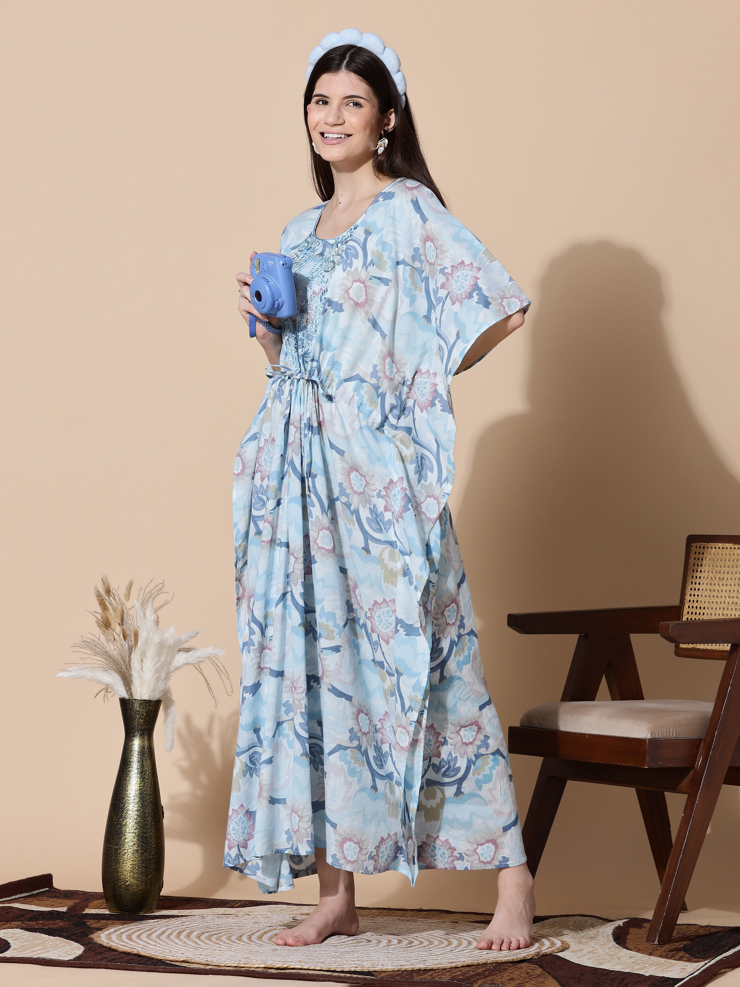 Buy Trendy Ice Blue Cotton Kaftan Nighties For Women Online