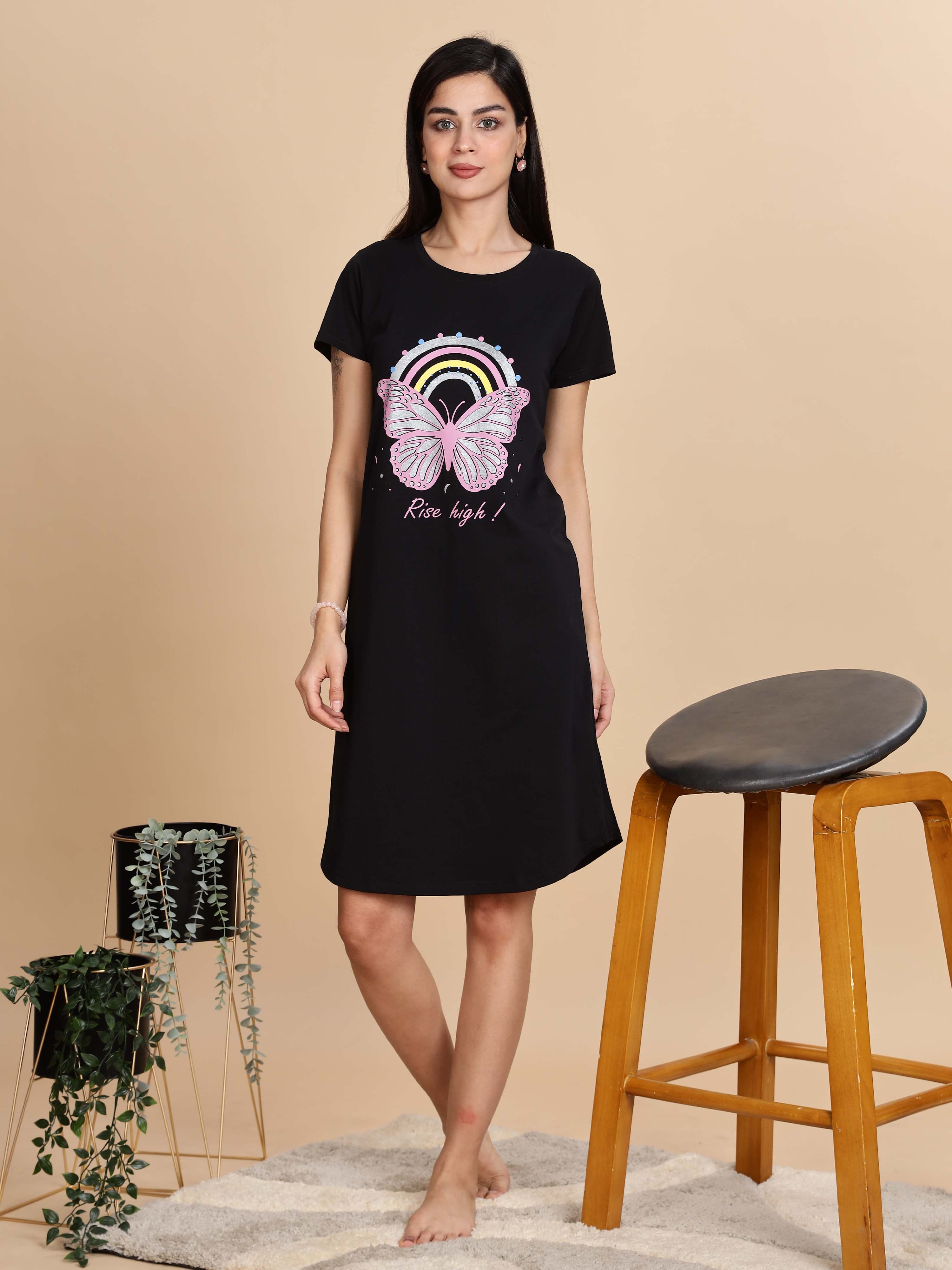 Elegant Jet Black Cotton Printed Short Nightdress for Women Hosiery Cotton / M Elegant Jet Black Cotton Printed Short Nightdress for Women Hosiery Cotton / M