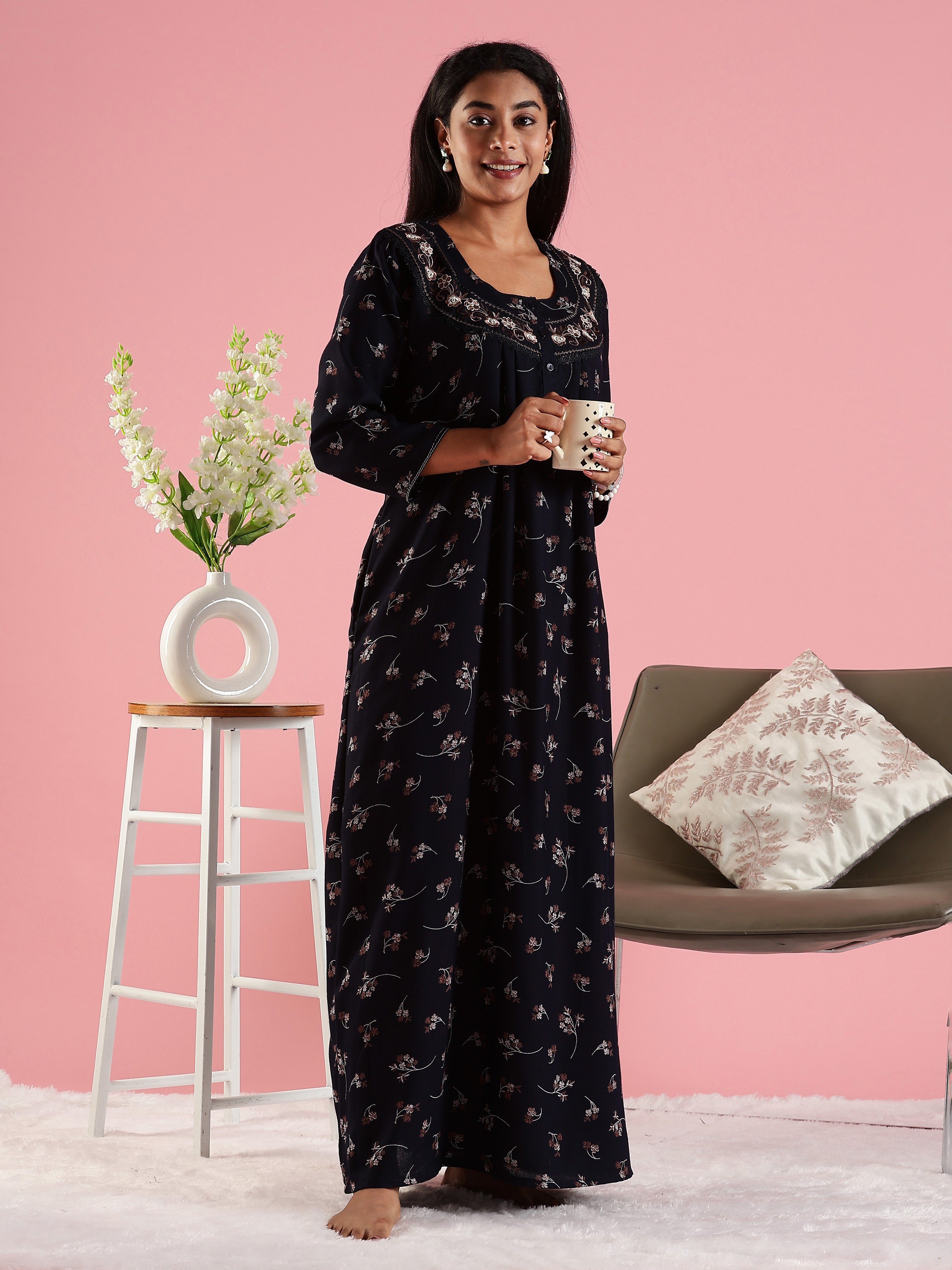 Buy Navy Floral Front Open Nighty with Embroidery and Pocket