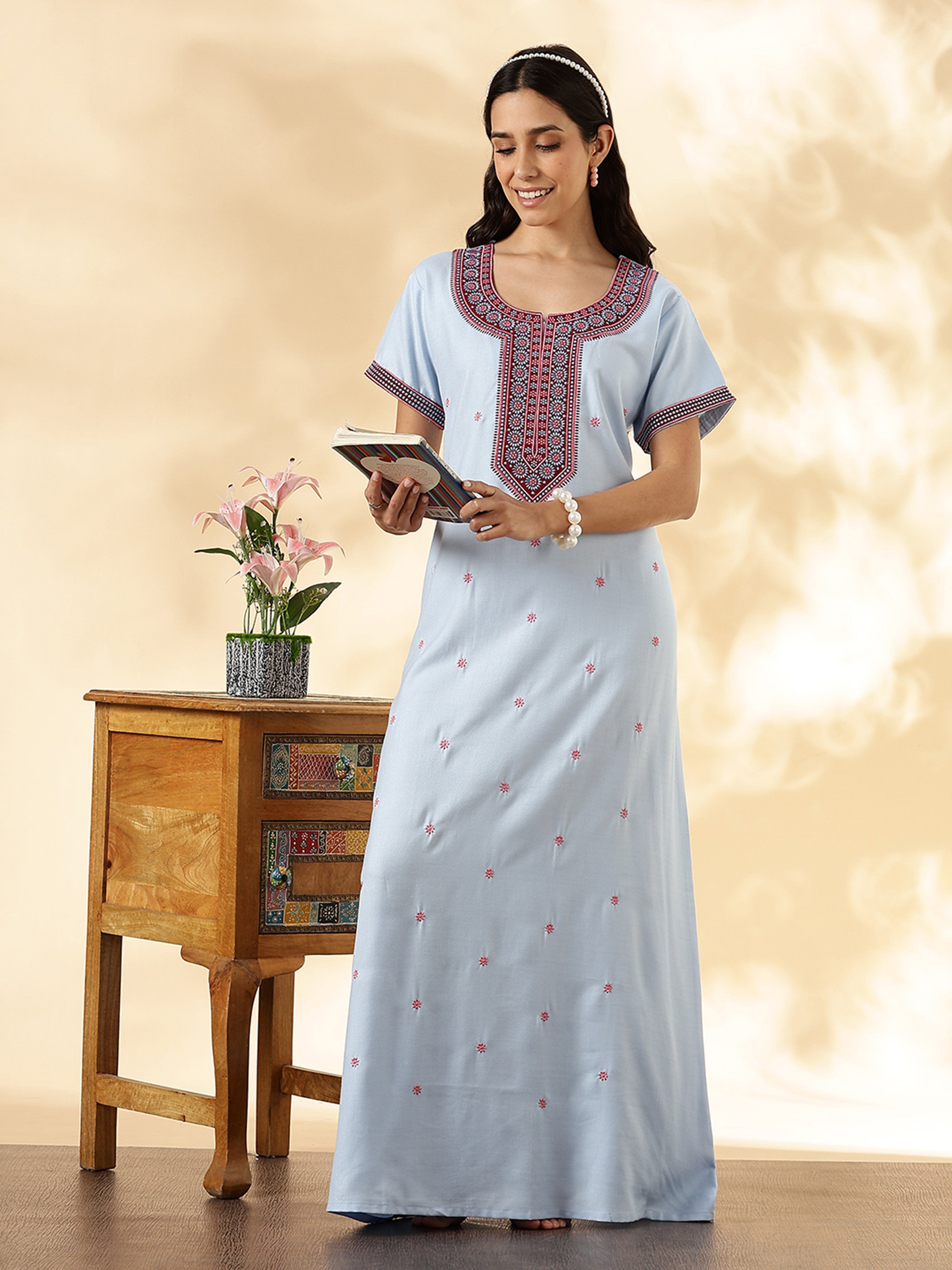 Raatrani Alpine Pastel Blue Nighty for Women – Soft, Elegant, and Embroidered Design