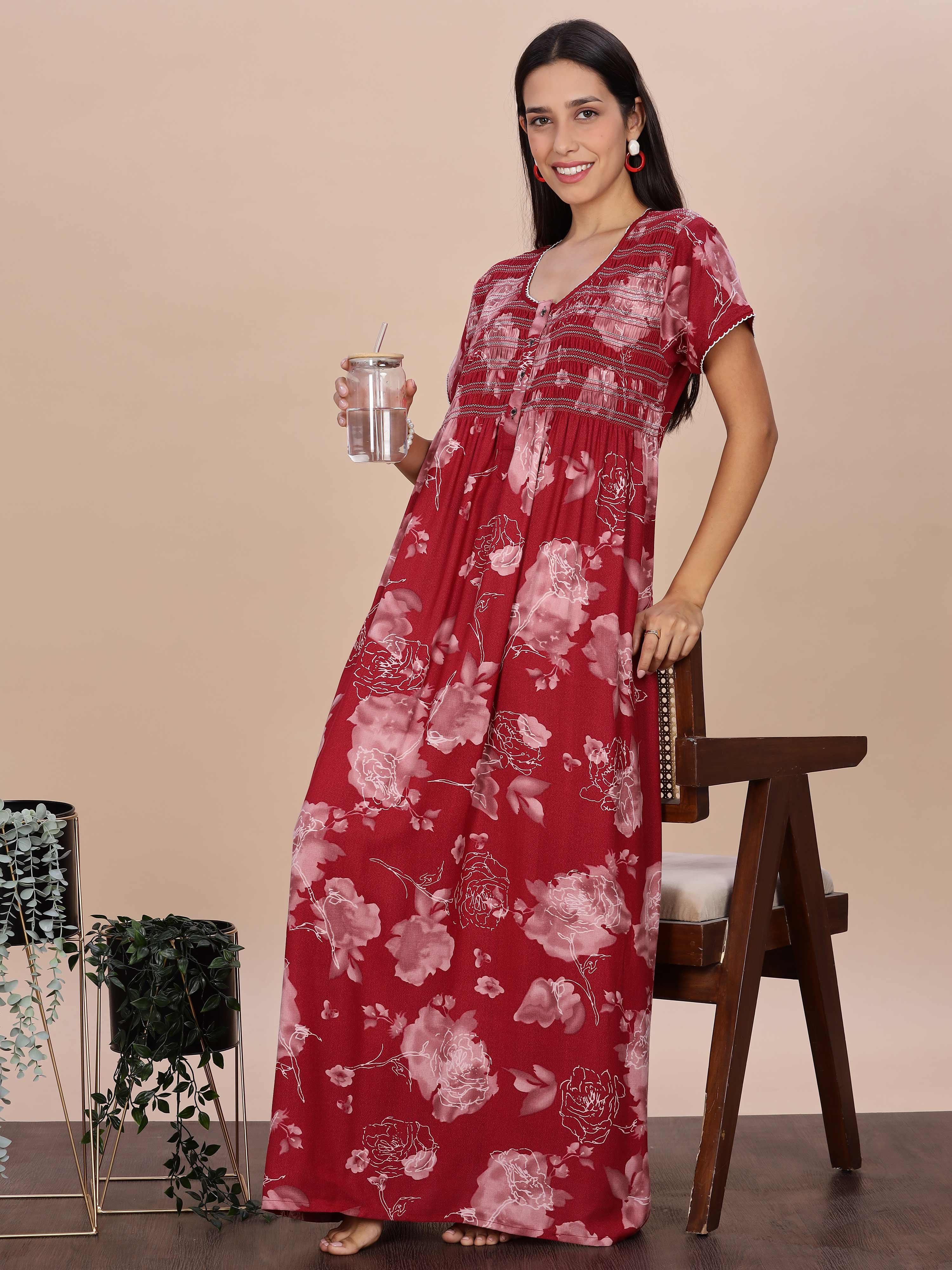 Shop Red Rose Smocking Branded Night Dress For Women Alpine / XL/46 Shop Red Rose Smocking Branded Night Dress For Women Alpine / XL/46