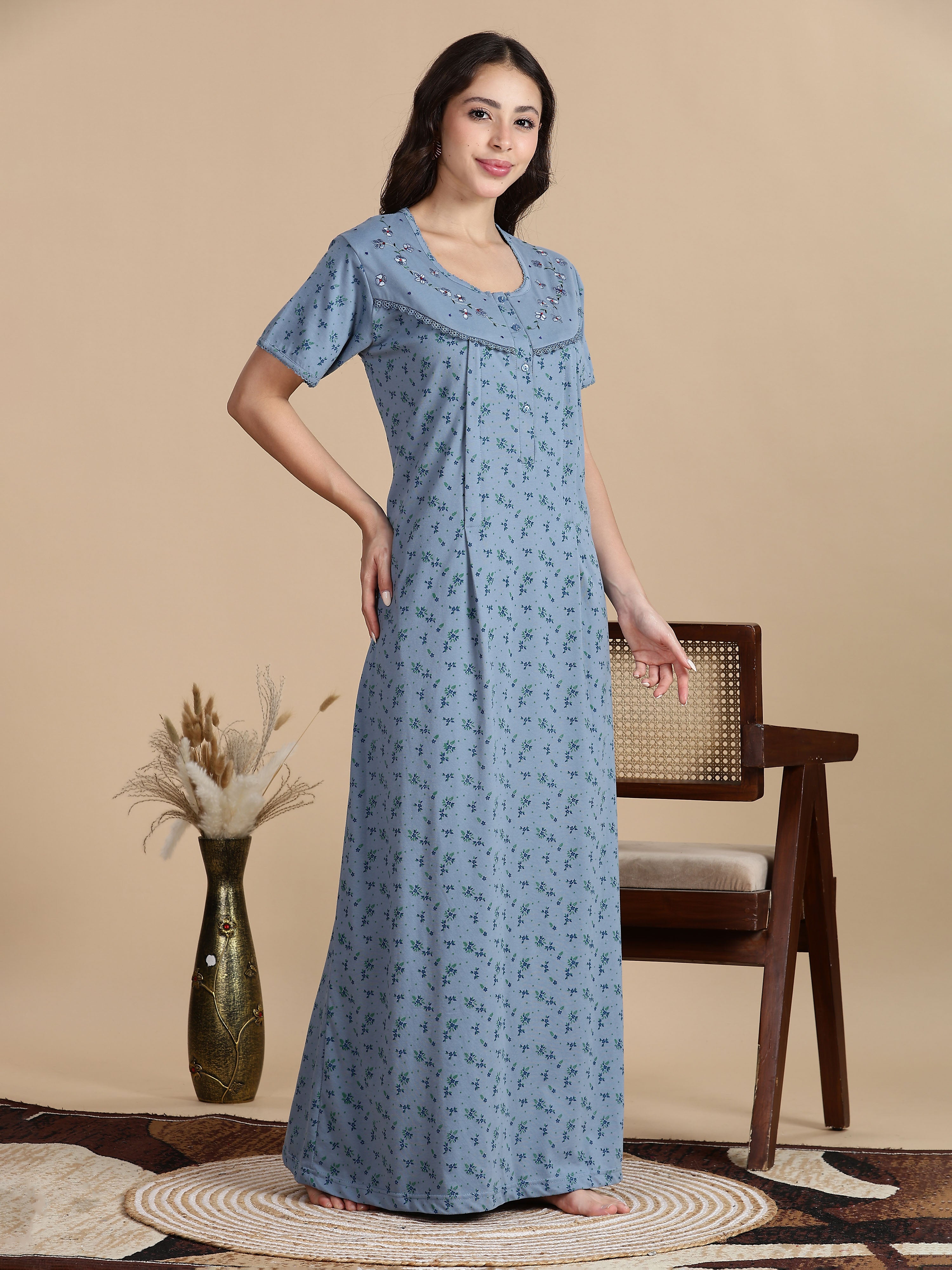 Sky Mist Blue Cozy And Comfy Front Open Nighty for Women  9shines label