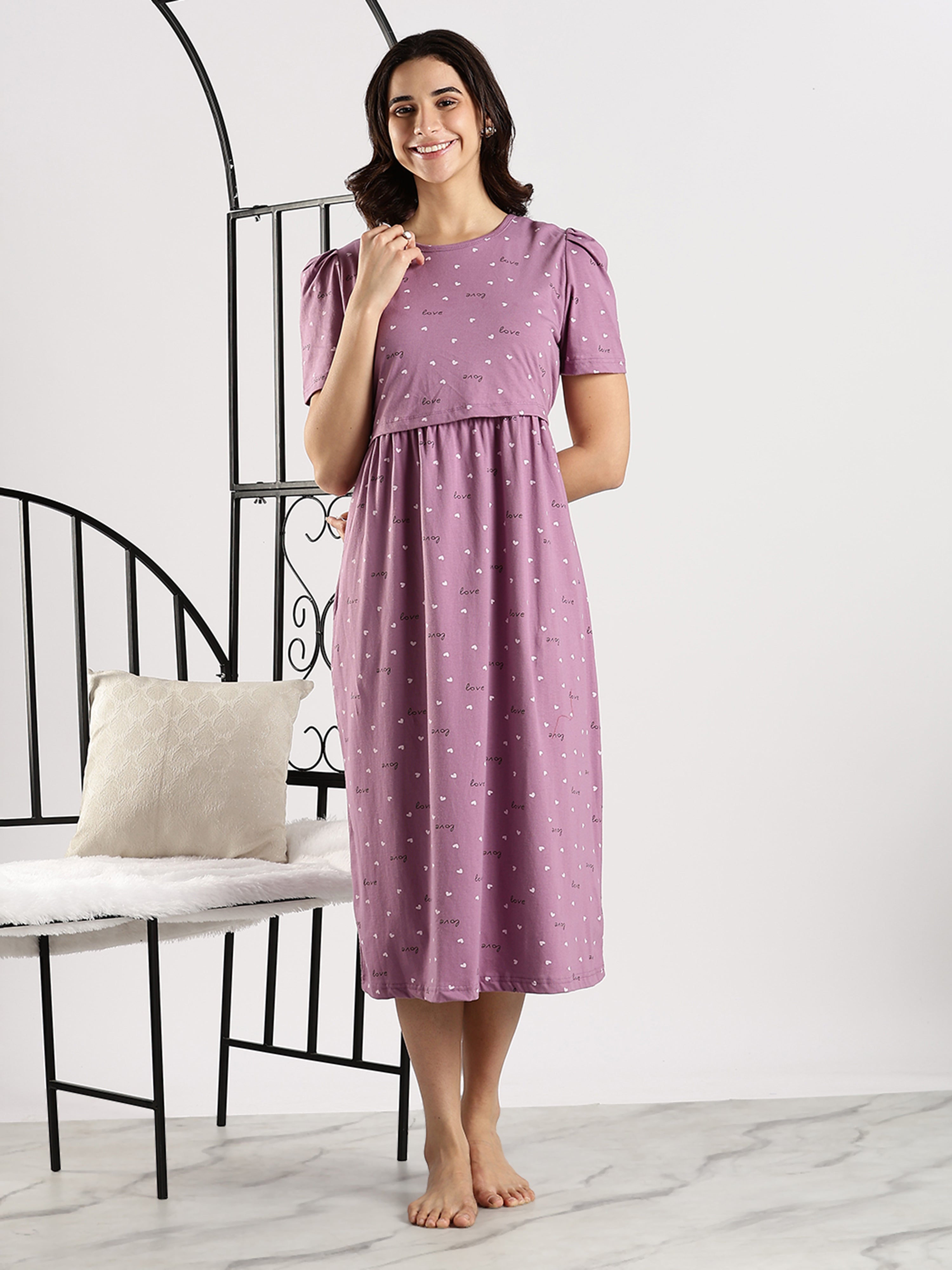 Shop Lavender Hearts Feeding Maternity Nighty dress Online Hosiery Cotton / XXL/48