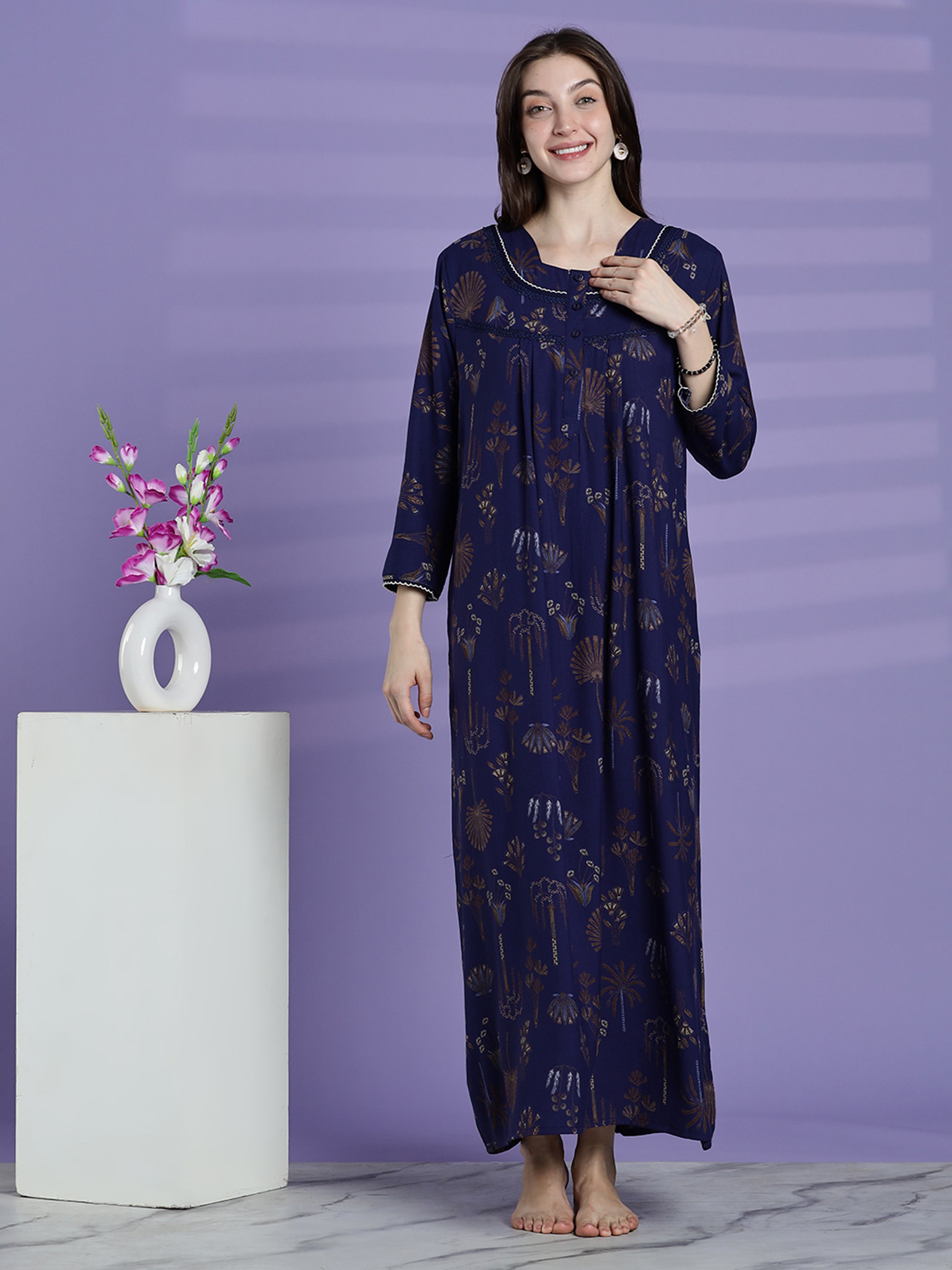 Emerald Blue Alpine Floral Full Sleeves Nighty For Women – 9shines