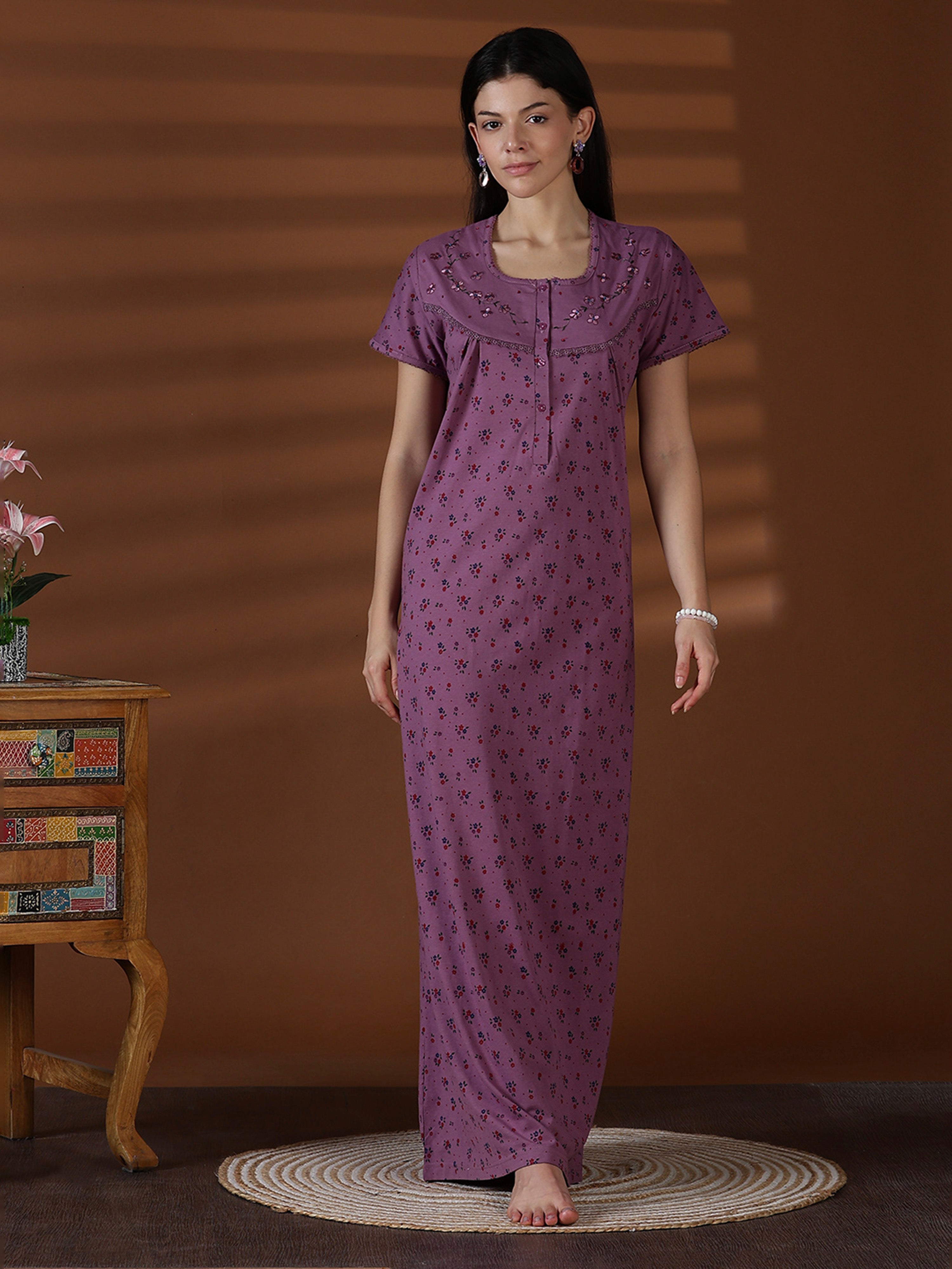 Buy Cotton Blend Soft Daily Wear Nighty for Women In Violet Cotton Blend / L/42