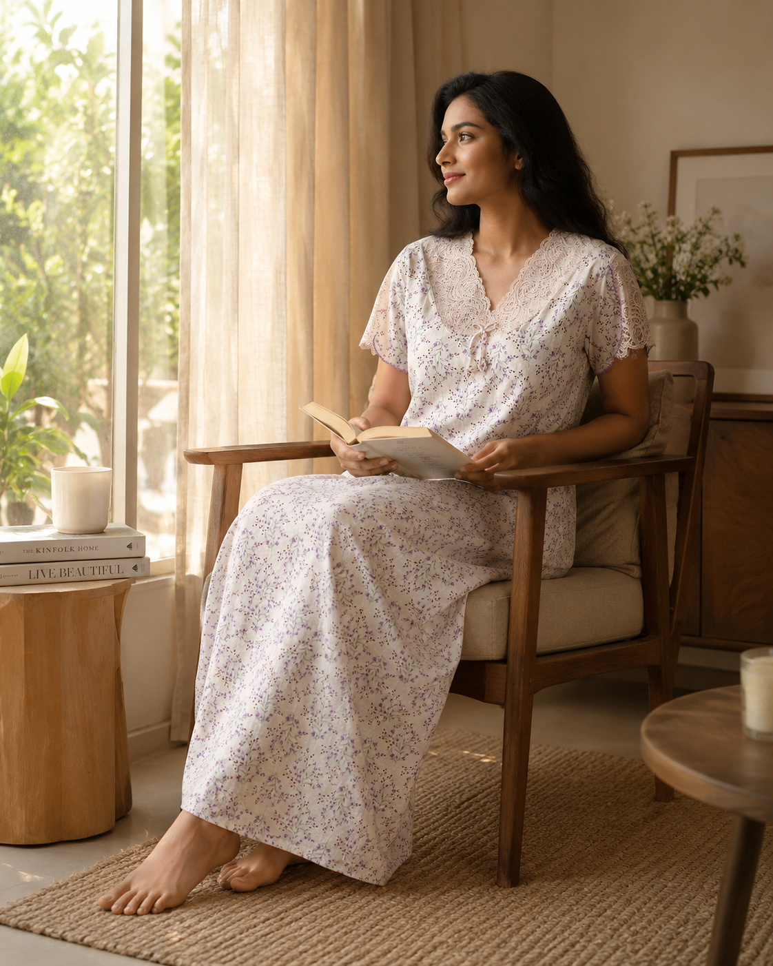 Buy Floral Peach Women's Nightwear Dresses in Bamboo Fabric Bamboo Crush Cotton / XL/46