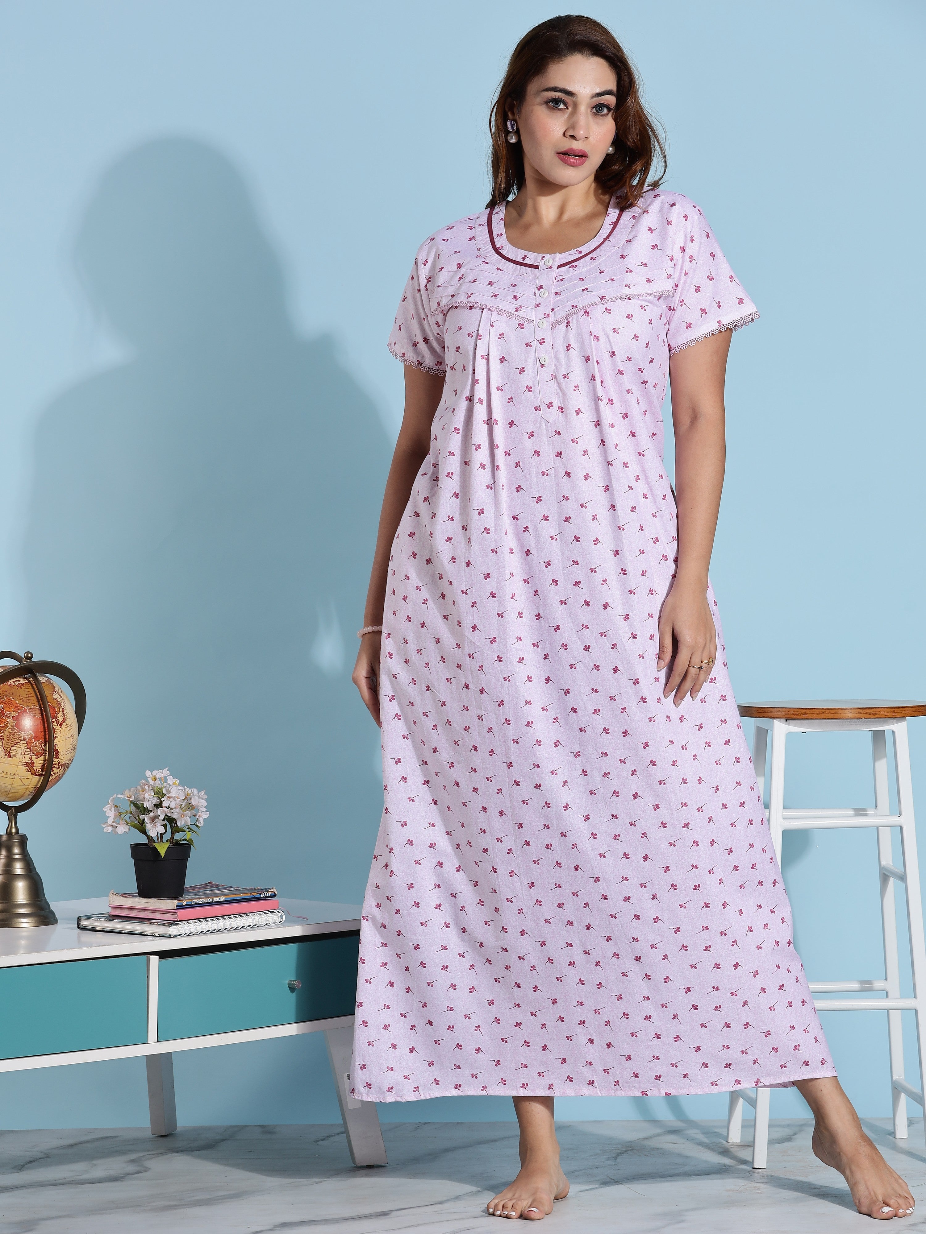 Shop Light Pink Pleated Cotton Night dress for Women Online – 9shines label