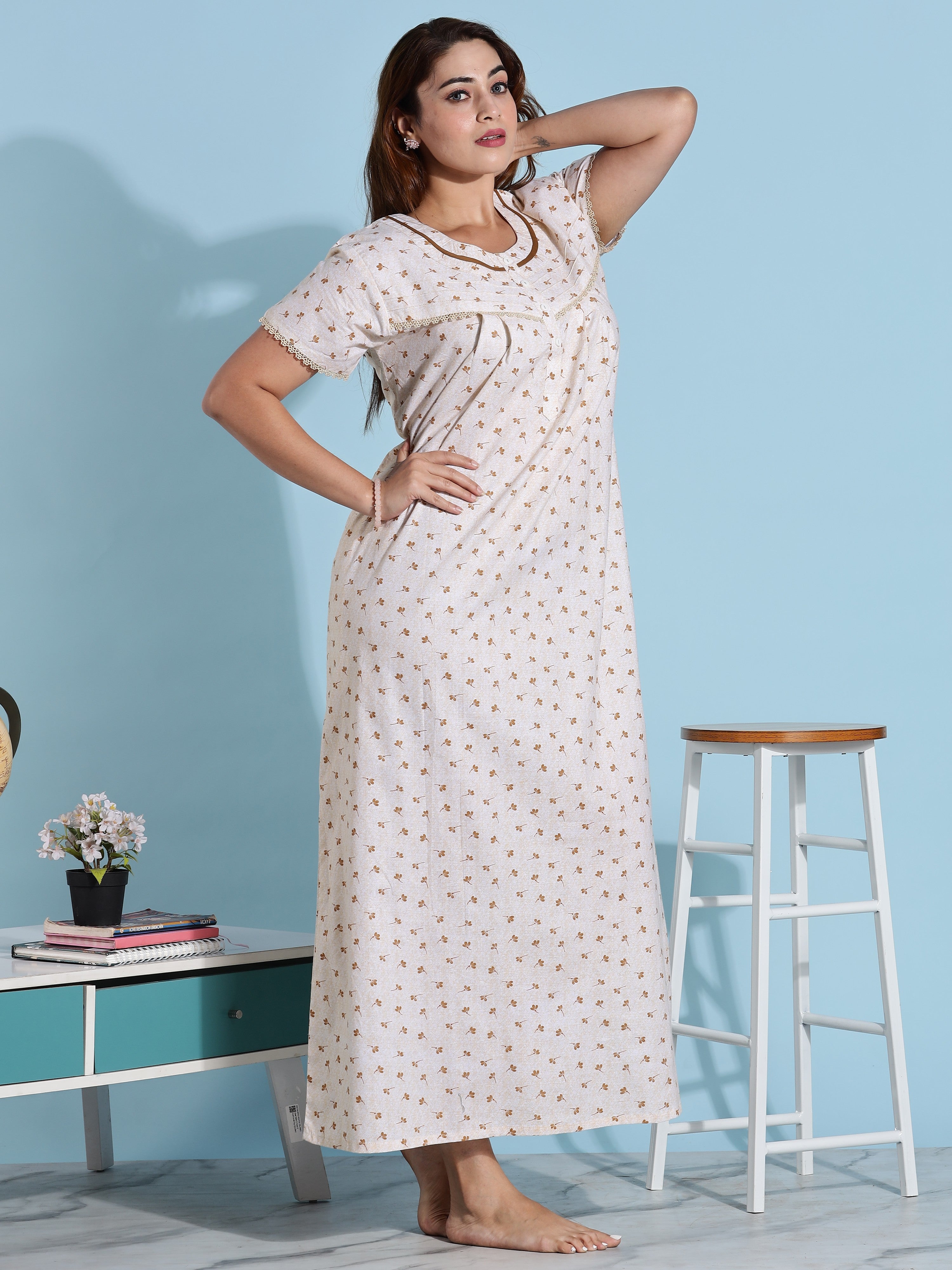 Buy Premium Light Yellow Floral Cotton Night dress for Women – 9shines label