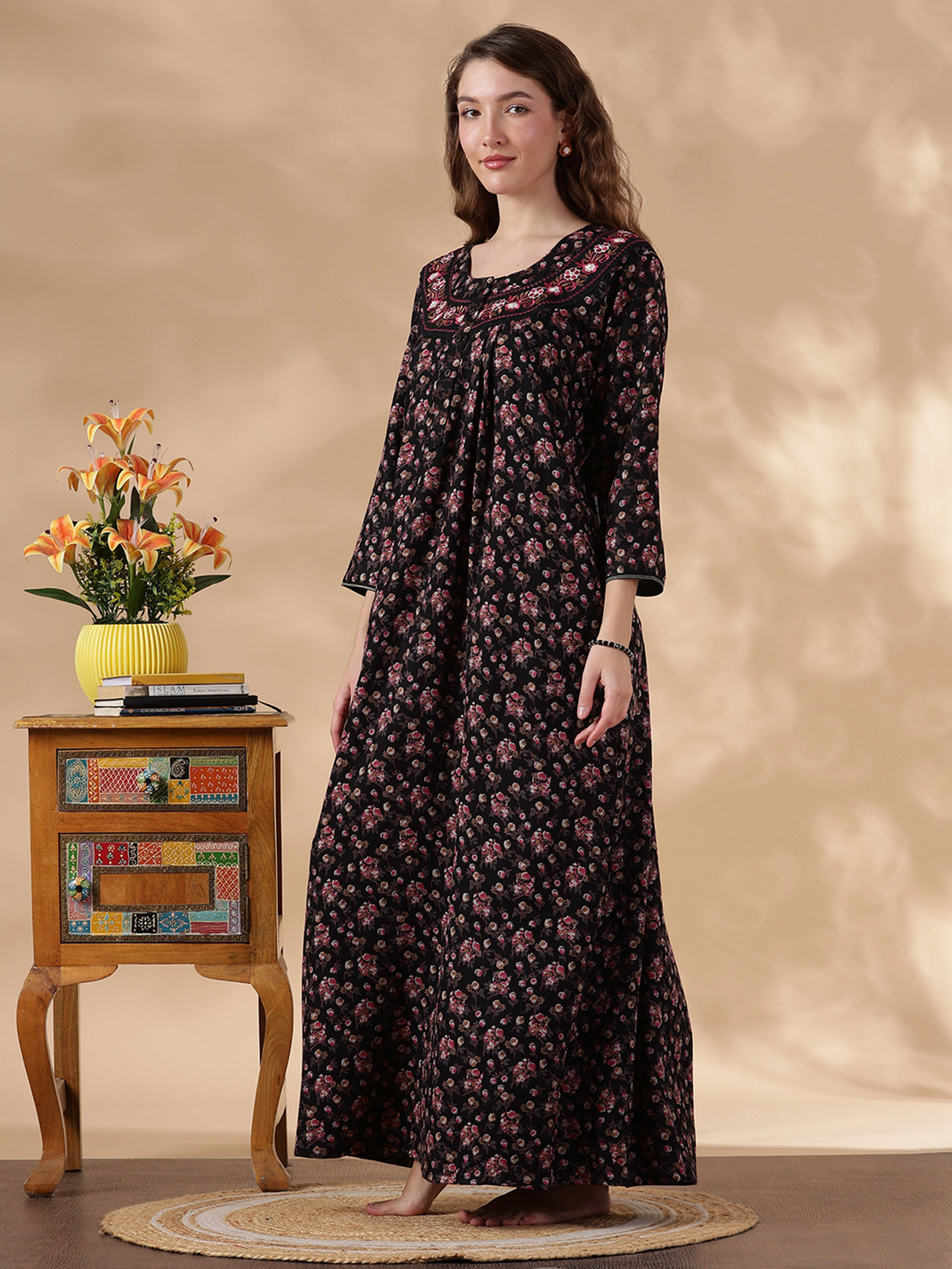 Alpine Magenta Floral Embroidered Ladies Nighty Dress Online Alpine / L/42