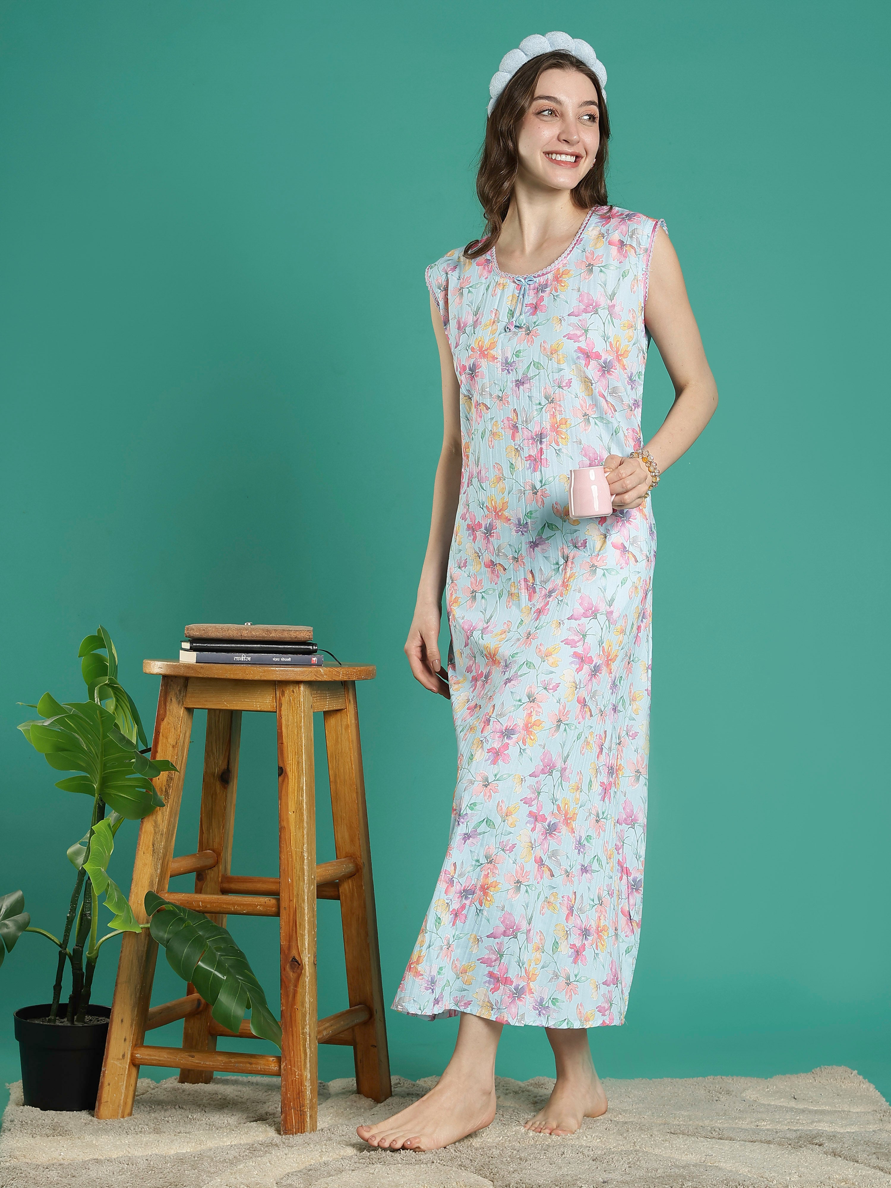 Cotton Sleeveless Nightdress 100 Cotton Nightwear Cotton Ladies Nighties 100% Cotton, Maxi Size, Light Blue Soft,  Breathable, Comfortable Fit, Sleeveless, Round Neck 100% Cotton, Maxi  Size, Light Blue Soft, Breathable, Comfortable Fit, Sleeveless, Round