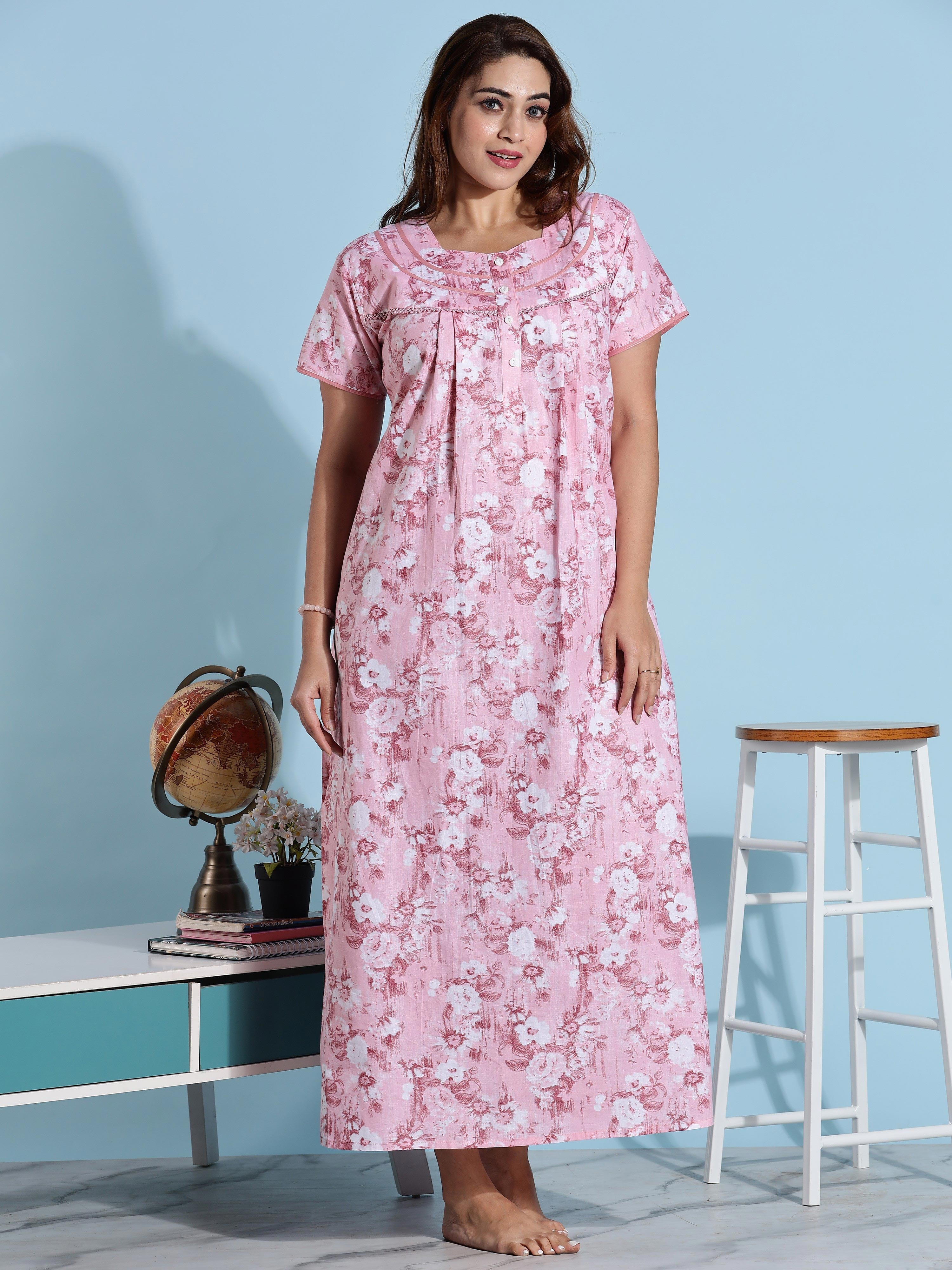 Buy Pink Floral Branded Pure Cotton Nighty For Ladies Online – 9shines label