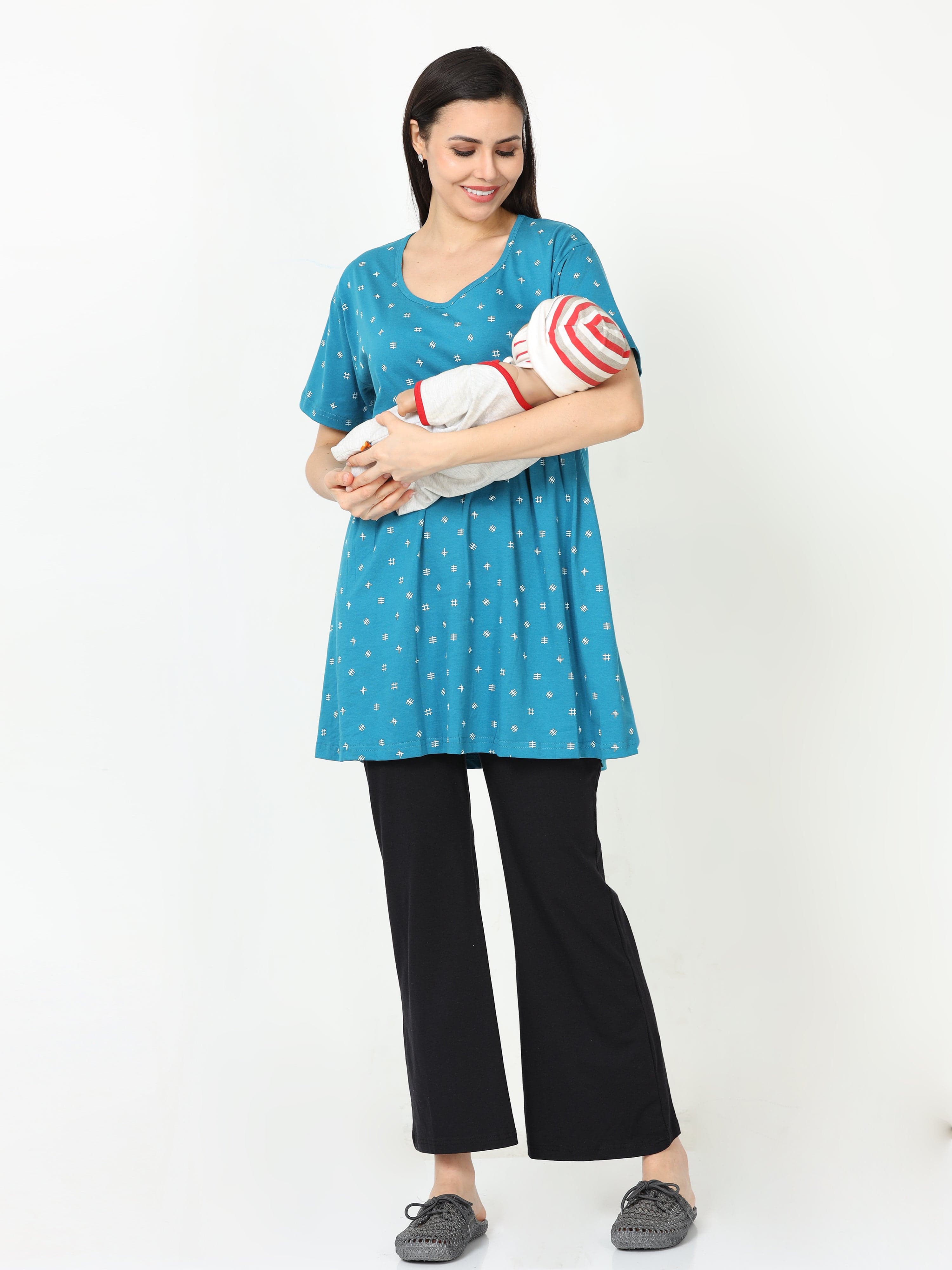 Sea Blue Hosiery Cotton Maternity Feeding Top - Main Image
