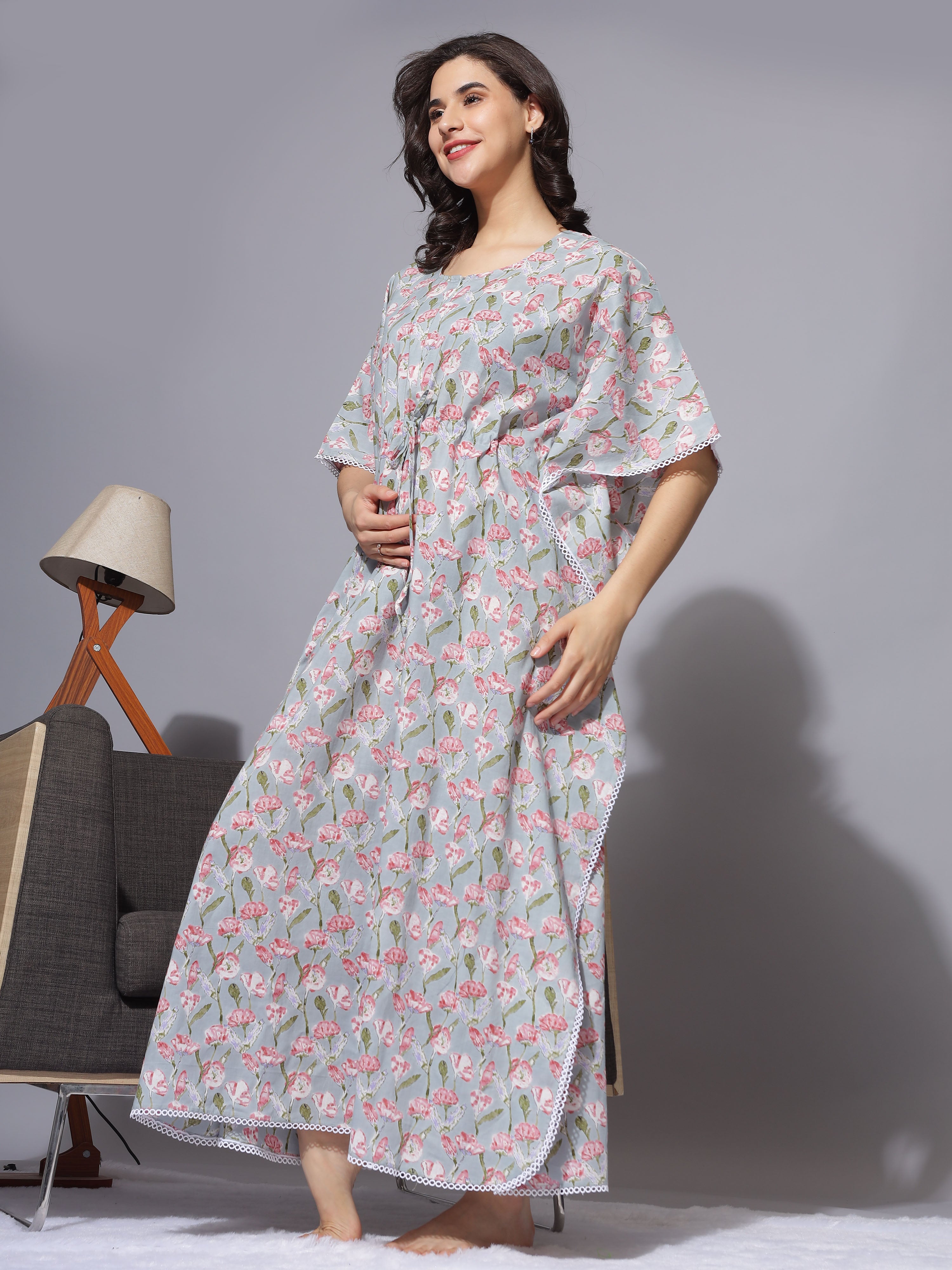 Buy Printed Maternity Kaftan Night Dress With Concealed Nursing Access Grey at 9shines label