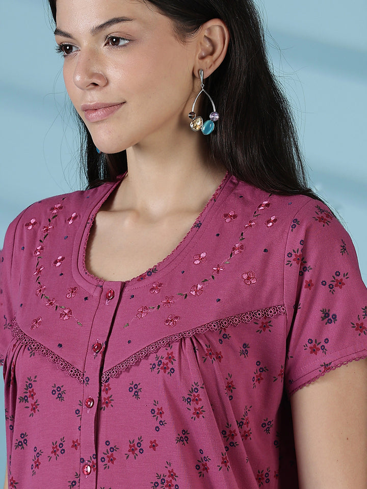 Rose Floral Cotton Blend Nighty for Women Soft Daily Wear