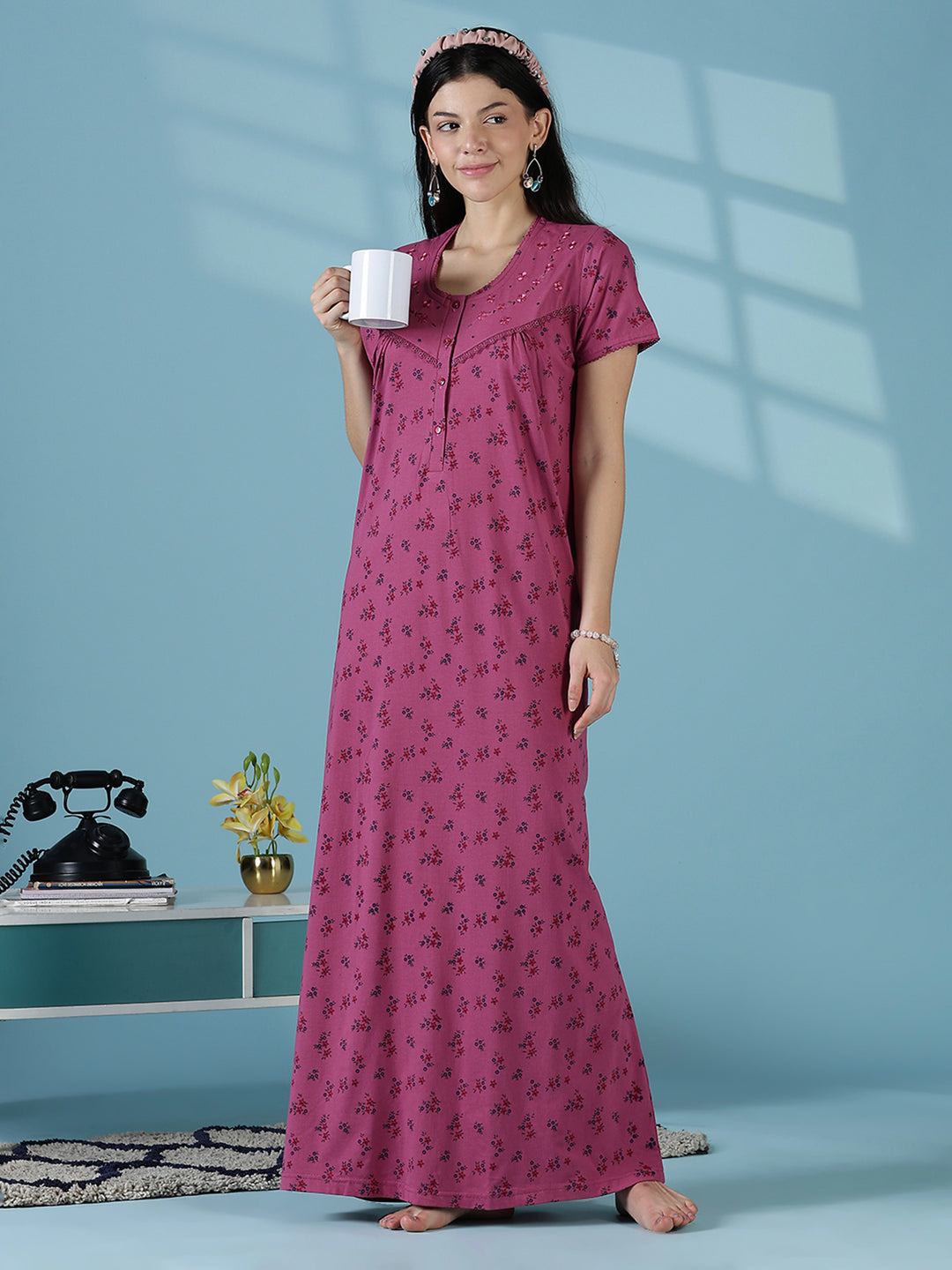 Rose Floral Cotton Blend Nighty for Women Soft Daily Wear
