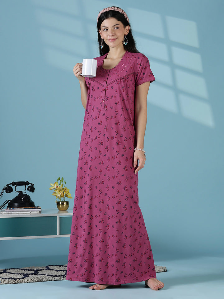 Rose Floral Cotton Blend Nighty for Women Soft Daily Wear