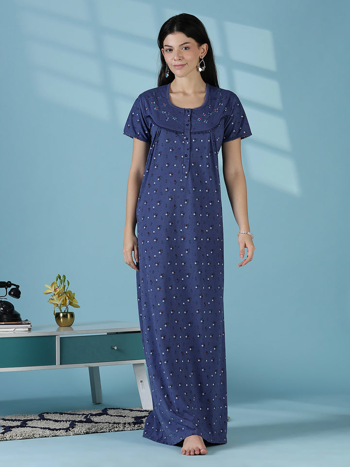 Indigo Floral Cotton Blend Nighty for Women Relaxed Fit