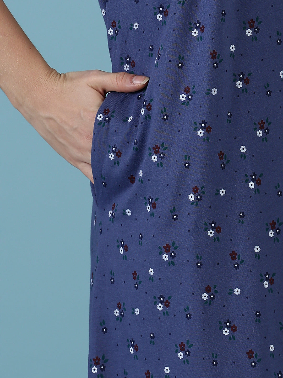 Indigo Floral Cotton Blend Nighty for Women Relaxed Fit