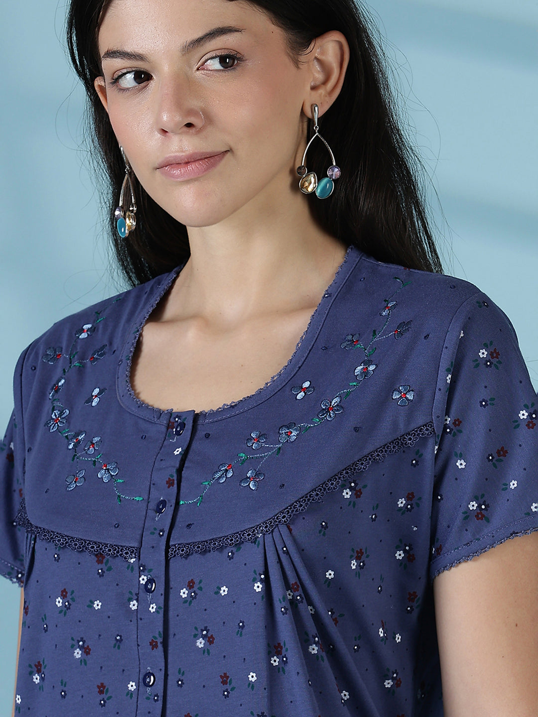 Indigo Floral Cotton Blend Nighty for Women Relaxed Fit