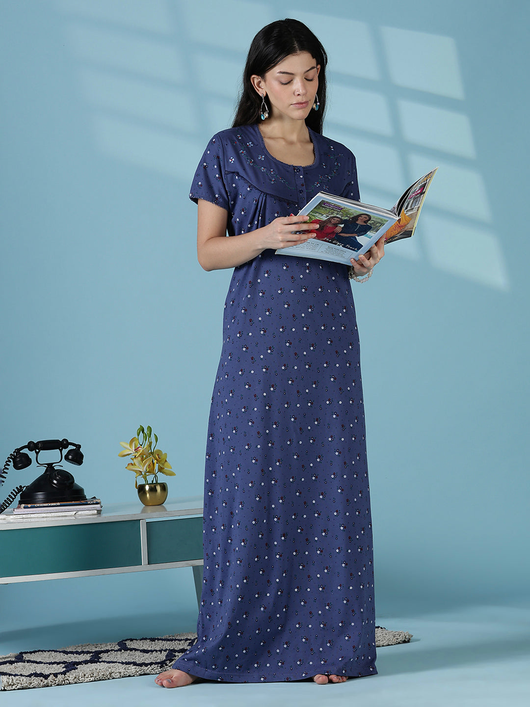 Indigo Floral Cotton Blend Nighty for Women Relaxed Fit