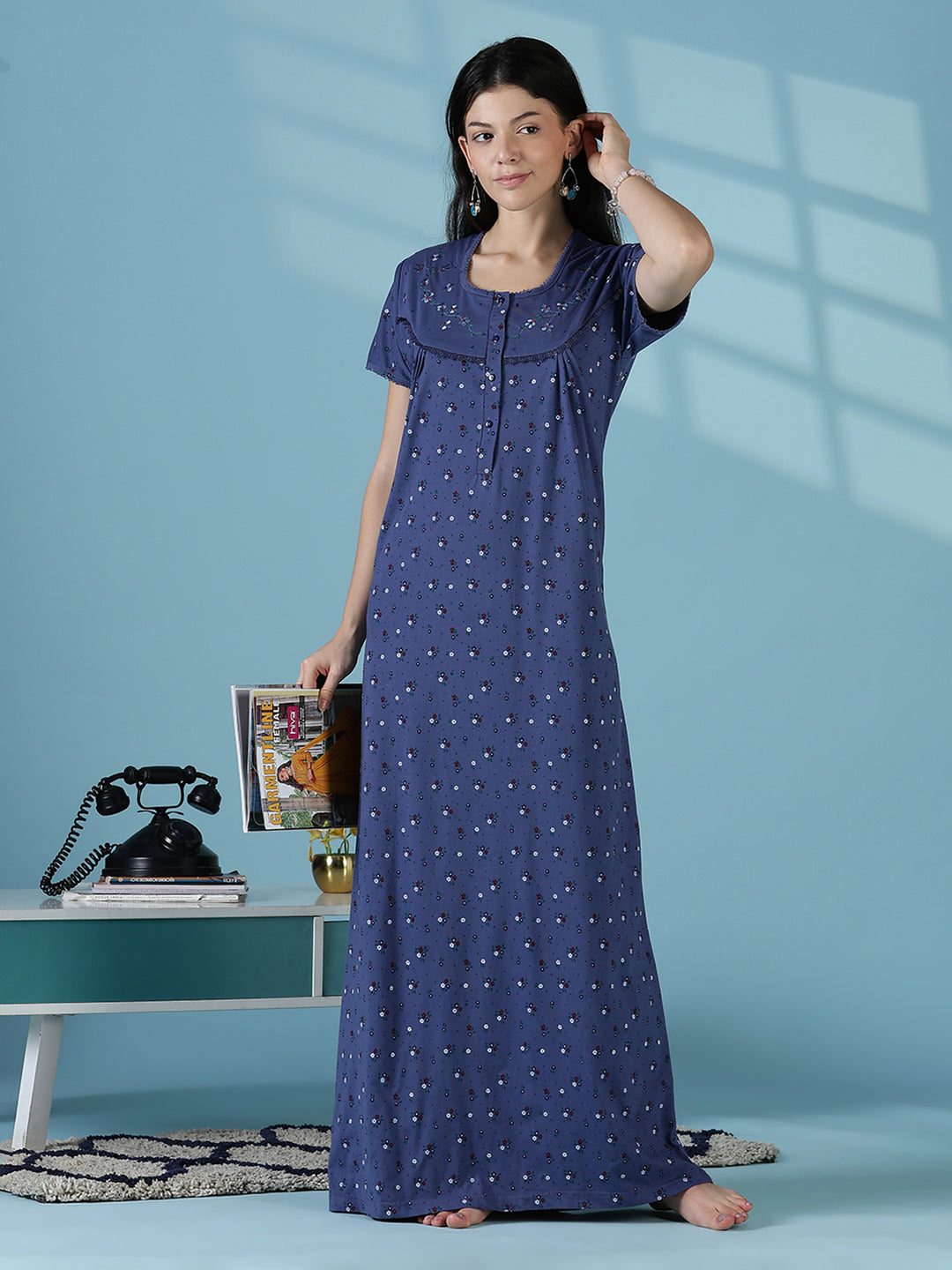 Indigo Floral Cotton Blend Nighty for Women Relaxed Fit
