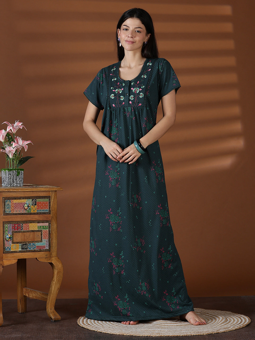 Forest Green Floral Cotton Blend Nighty for Women with Pocket