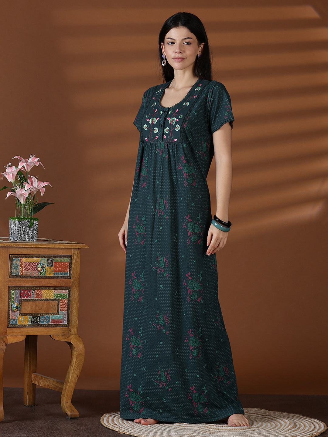 Forest Green Floral Cotton Blend Nighty for Women with Pocket