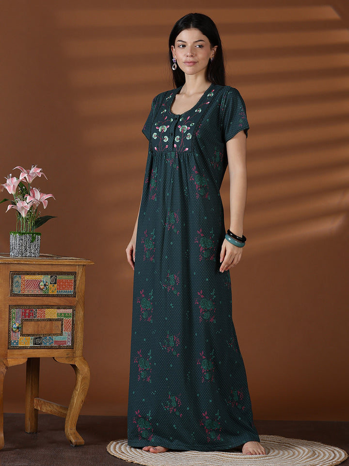Forest Green Floral Cotton Blend Nighty for Women with Pocket