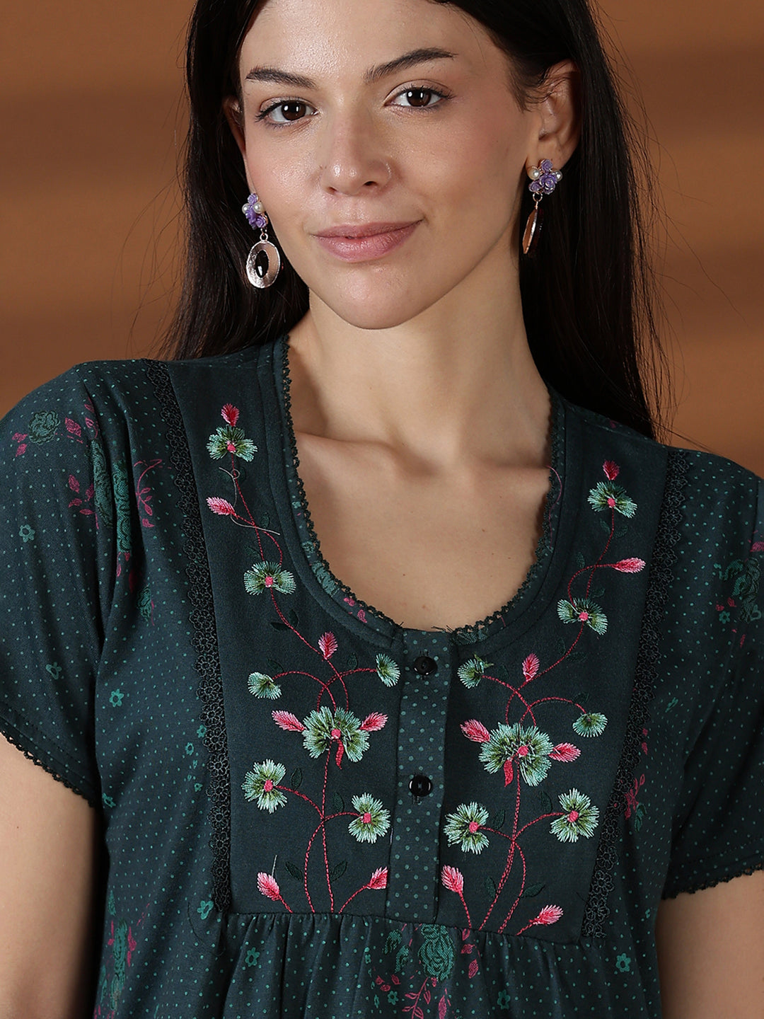Forest Green Floral Cotton Blend Nighty for Women with Pocket