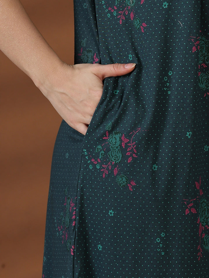 Forest Green Floral Cotton Blend Nighty for Women with Pocket