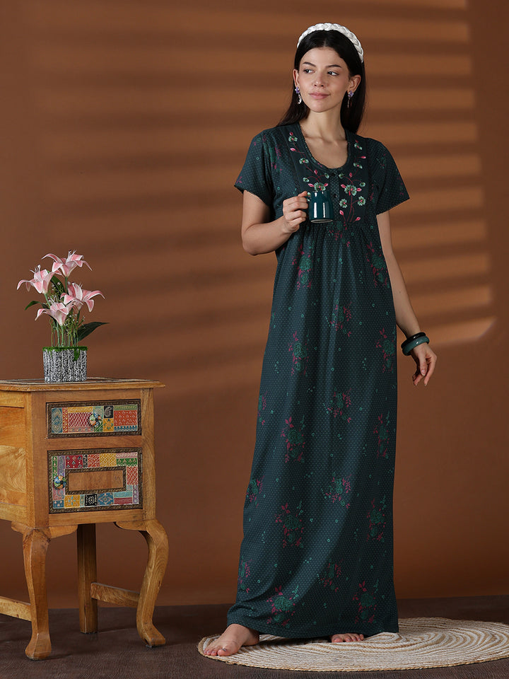 Forest Green Floral Cotton Blend Nighty for Women with Pocket