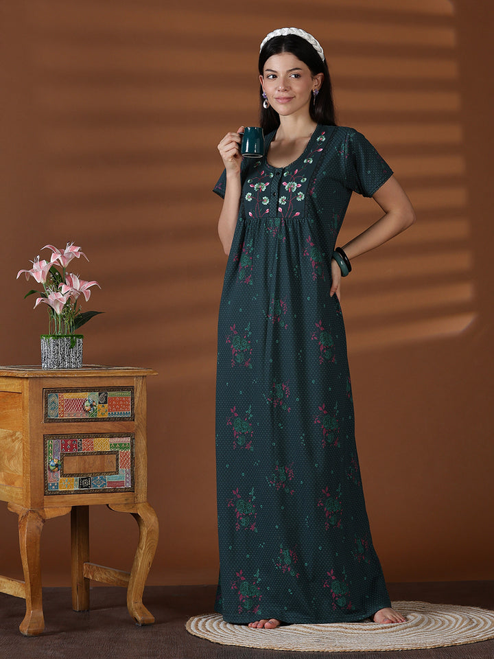 Forest Green Floral Cotton Blend Nighty for Women with Pocket