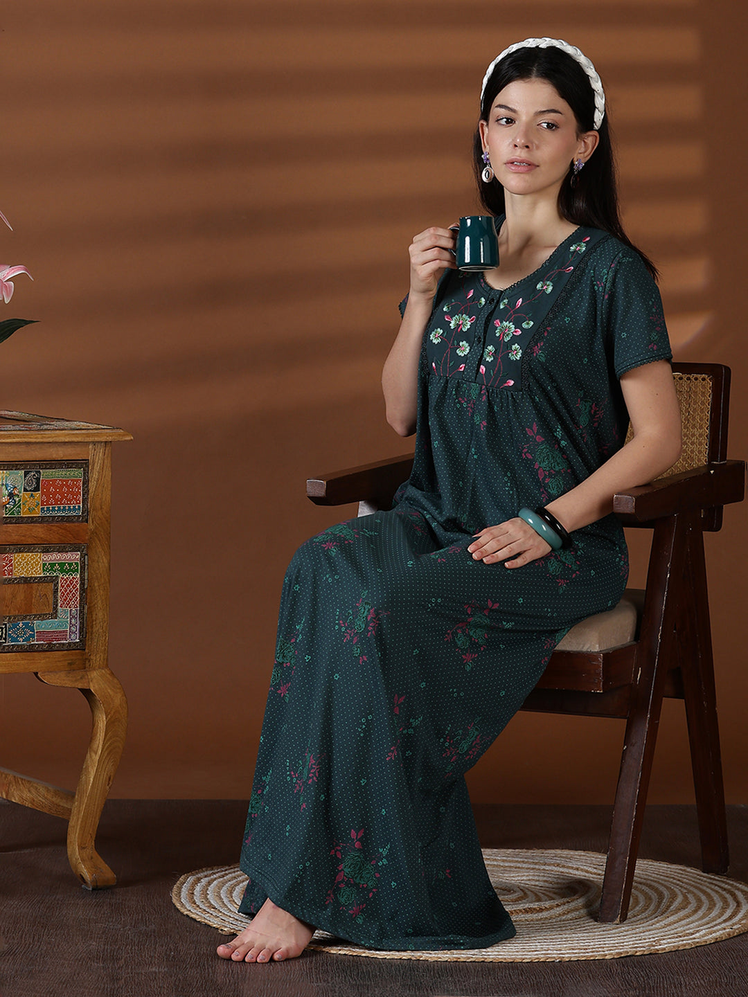 Forest Green Floral Cotton Blend Nighty for Women with Pocket