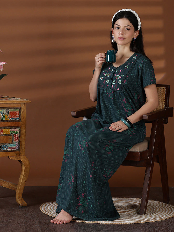 Forest Green Floral Cotton Blend Nighty for Women with Pocket