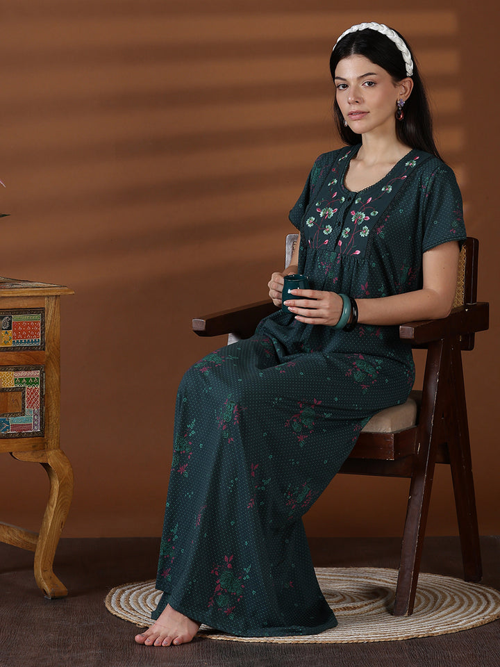 Forest Green Floral Cotton Blend Nighty for Women with Pocket