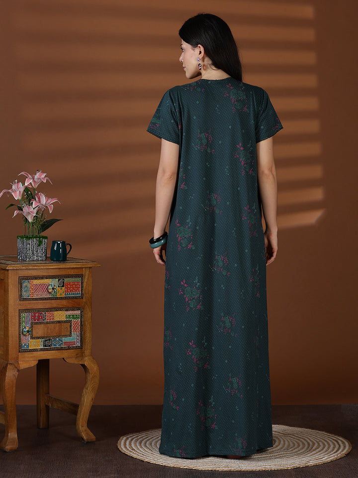 Forest Green Floral Cotton Blend Nighty for Women with Pocket