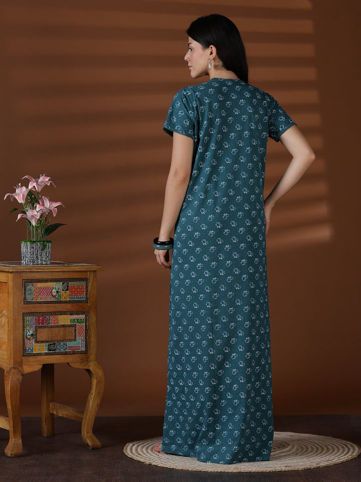 Teal Floral Cotton Blend Nighty for Women Breathable Fit