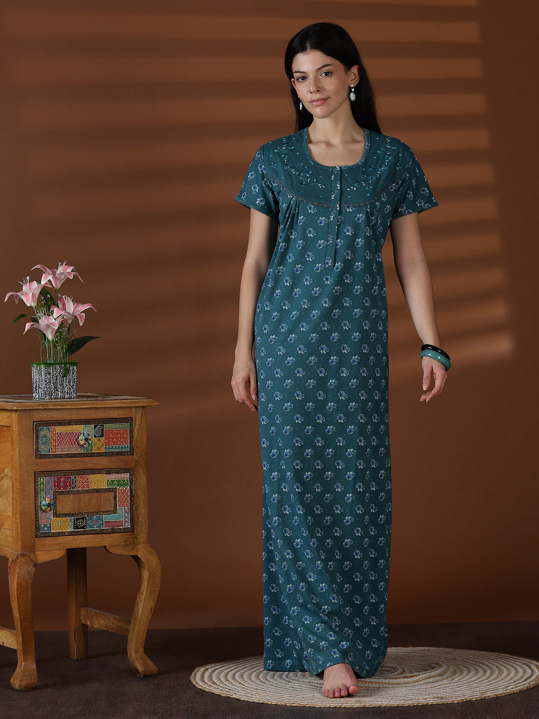 Teal Floral Cotton Blend Nighty for Women Breathable Fit