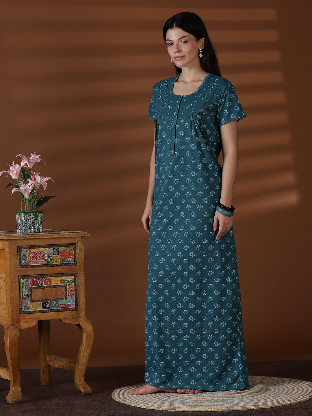 Teal Floral Cotton Blend Nighty for Women Breathable Fit
