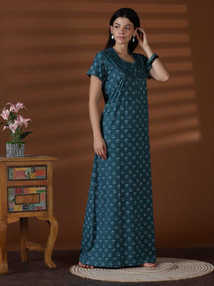 Teal Floral Cotton Blend Nighty for Women Breathable Fit