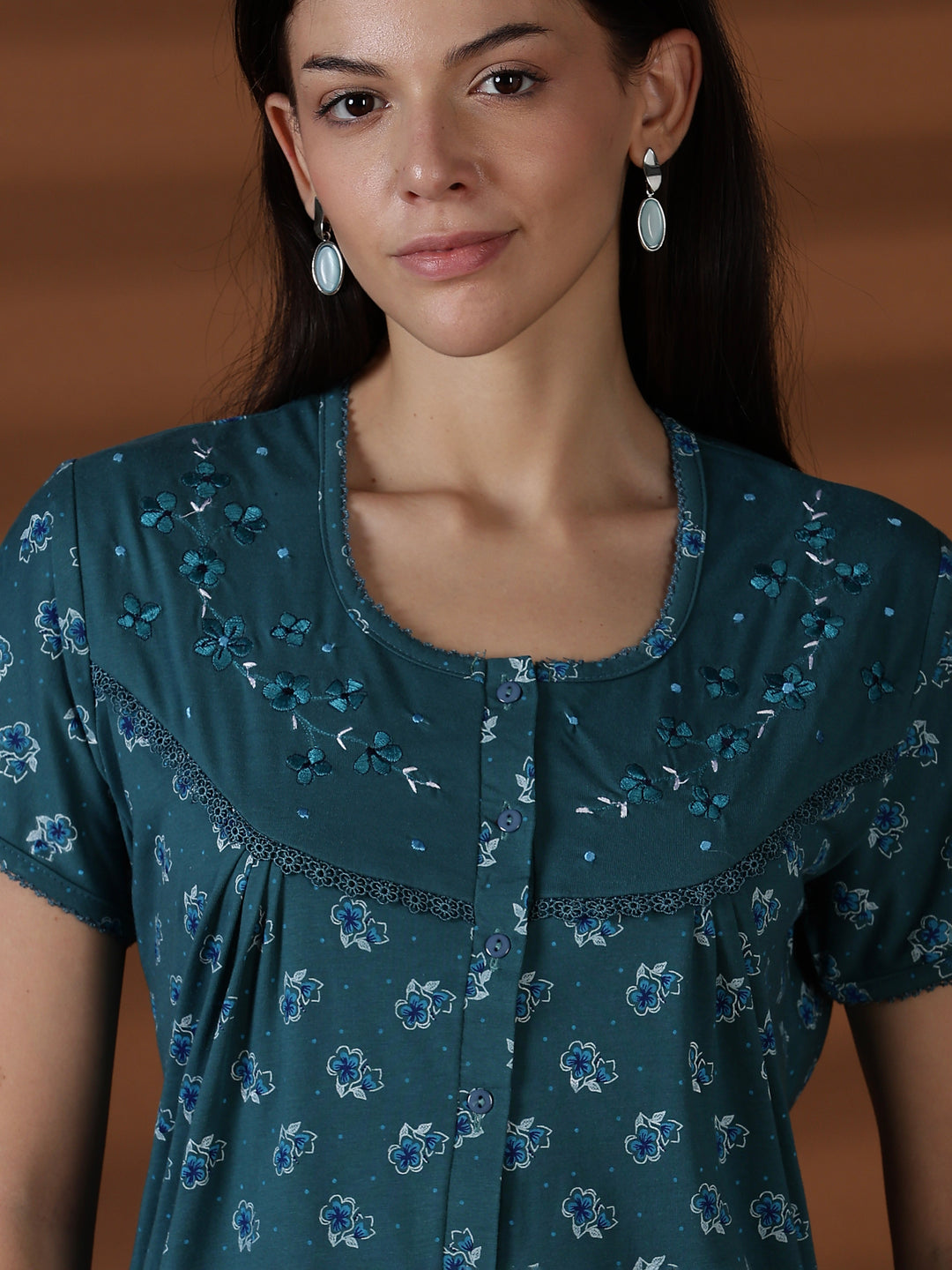Teal Floral Cotton Blend Nighty for Women Breathable Fit
