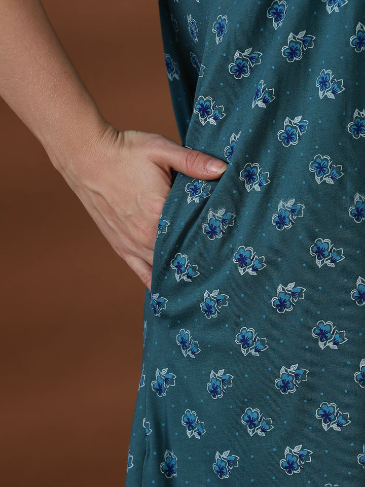 Teal Floral Cotton Blend Nighty for Women Breathable Fit