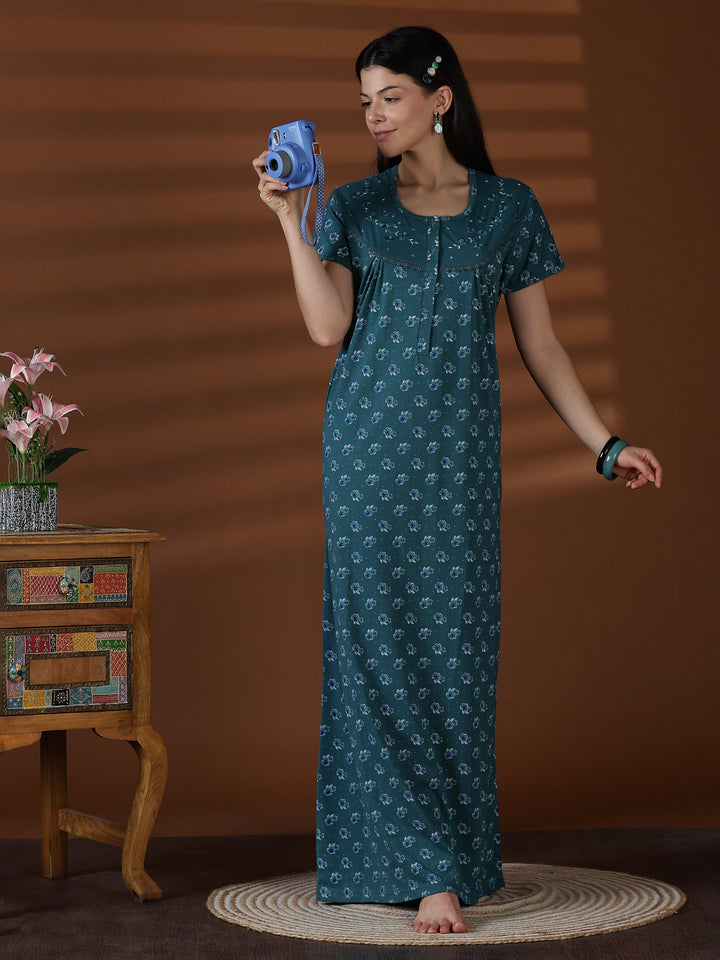 Teal Floral Cotton Blend Nighty for Women Breathable Fit