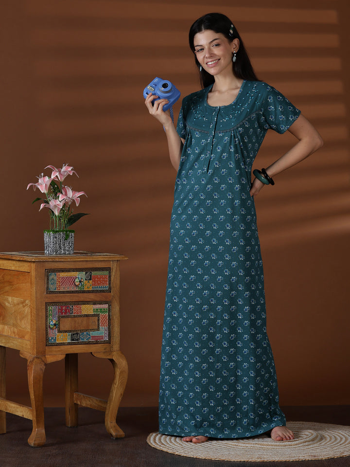 Teal Floral Cotton Blend Nighty for Women Breathable Fit