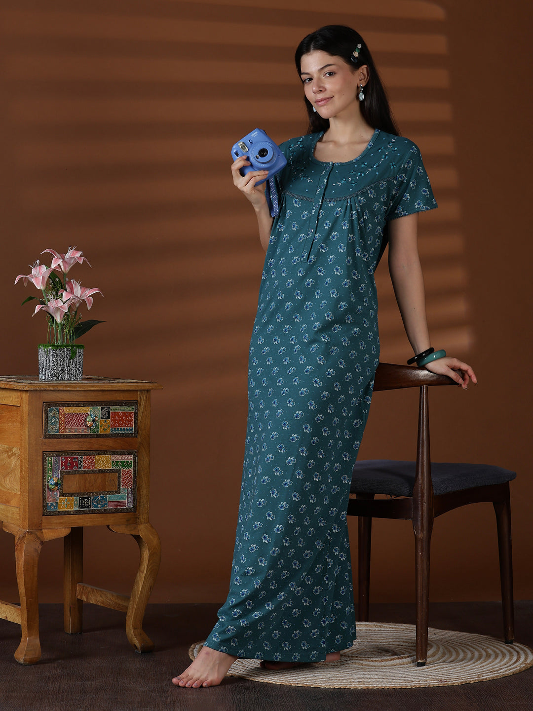 Teal Floral Cotton Blend Nighty for Women Breathable Fit