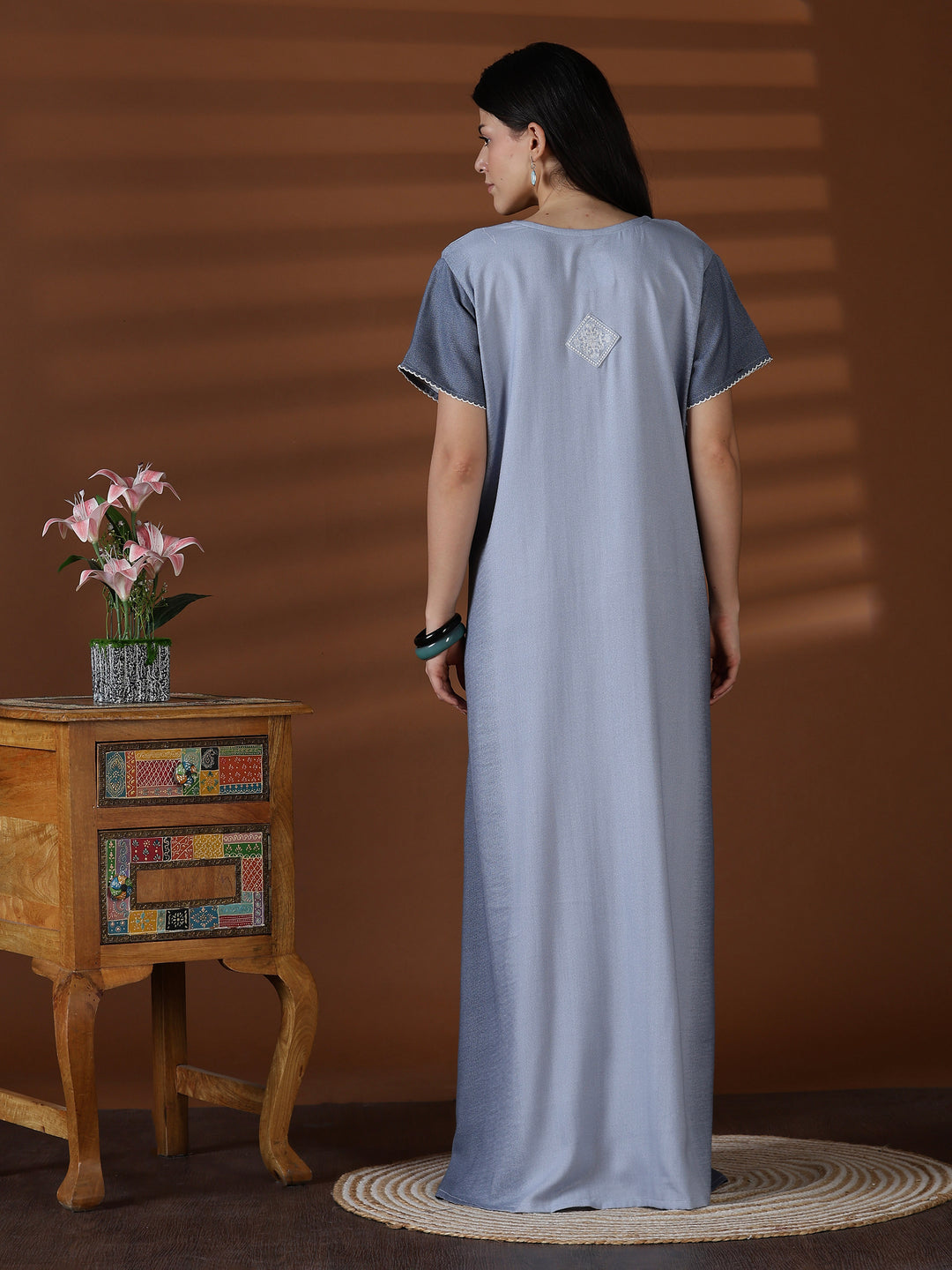 Whisper Grey Alpine Designer Nighty for Women with Embroidery